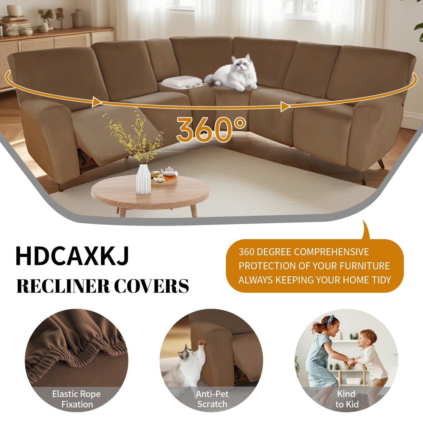 HDCAXKJ Reclining Sectional Couch Covers Velvet L Shaped Sectional Sofa Cover Washable Stretch Soft Corner Recliner Slipcover with Non-Slip Elastic Bottom (5 Seat and 2 Middle Console, Light Brown)