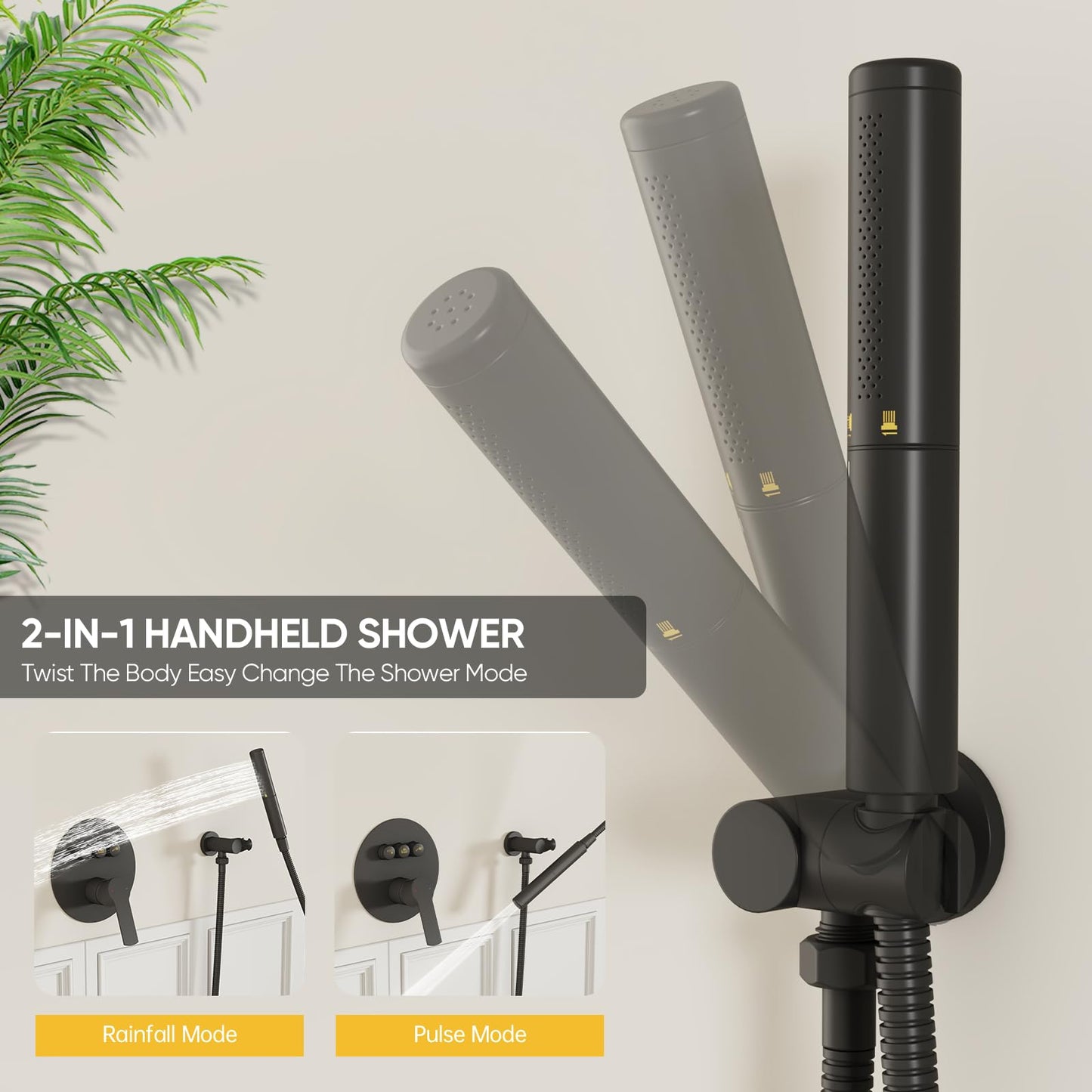 BESy Shower Faucet Set 10 Inch Round Ceiling Mount Rainfall Shower System with 6 Inch Wall Mount Dual Rain Shower Head Push Button Diverter with 2 in 1 Handheld Showerhead for Bathroom Matte Black
