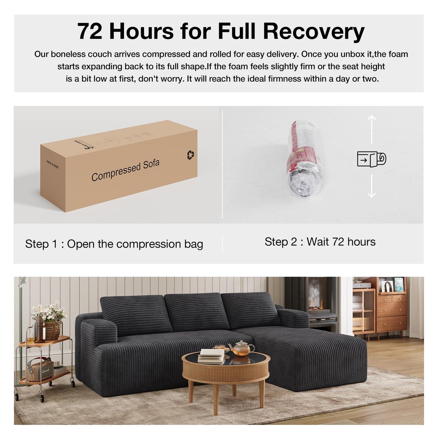 Novilla L-Shape Sectional Couches for Living Room with Smarts Coil® Support, 3 Seater Sectional Sofas for Living Room Bedroom, Corduroy Cloud Couch Sectional, No Assembly(Dark Grey, Right Hand Facing)