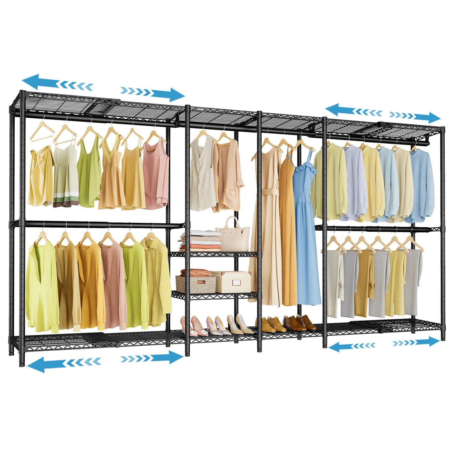 VIPEK X4 Expandable Heavy Duty Clothes Rack, Adjustable from 7'4" to 10'2" with Adjustable Shelves and Hanger Rods, Large Wardrobe Closet Reach-in & Walk-in Closet Metal Clothing Rack, 1530 LBS, Black