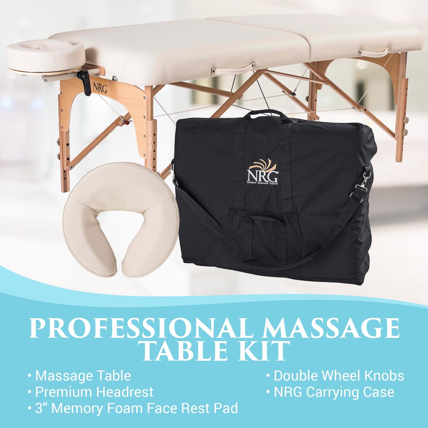 NRG Karma Portable Massage Table Package | Vanilla Cream | Folding Lightweight Massage Bed | Professional Spa Table with Face Cradle, Double Wheel Knobs & Carrying Case