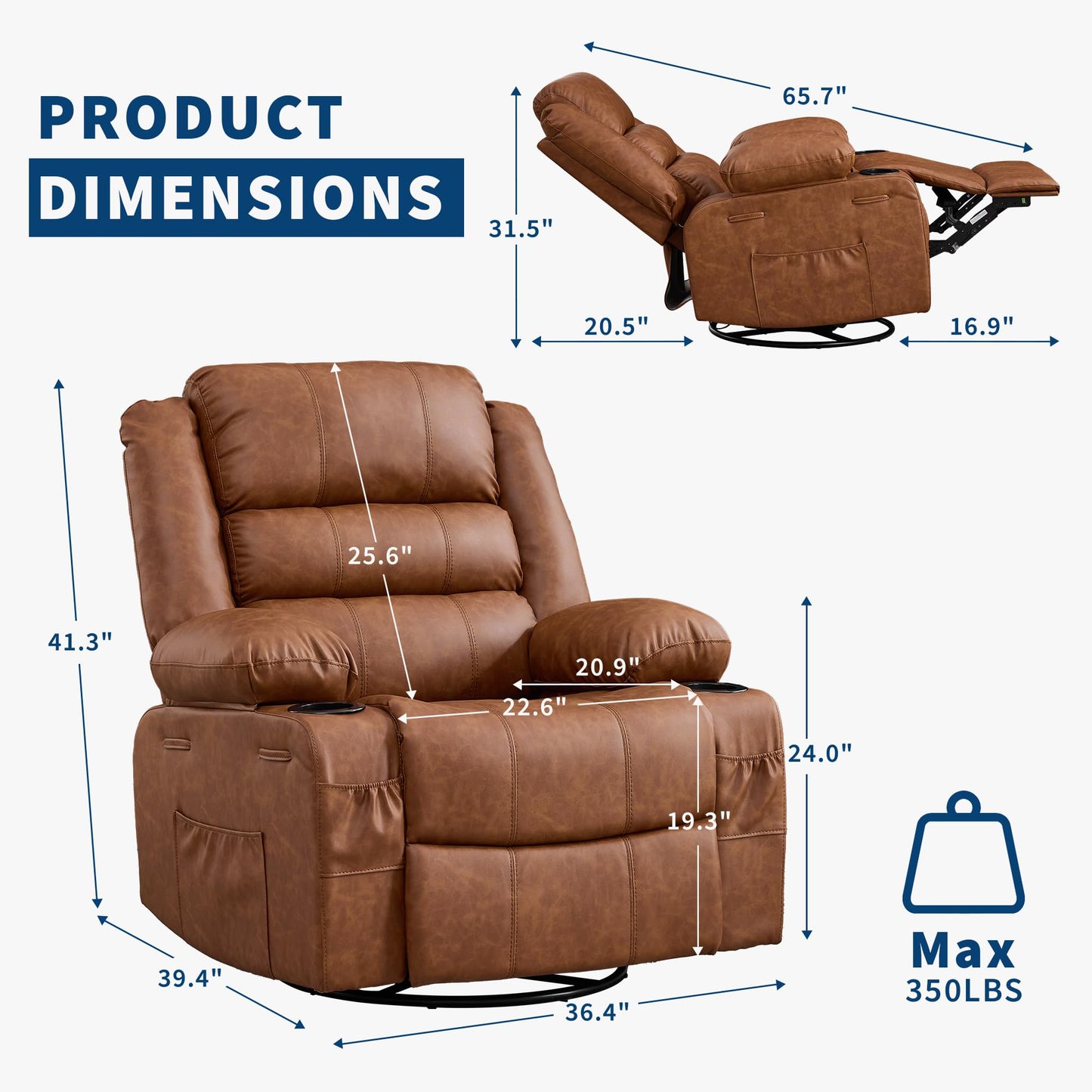 Rocking Recliner Chair for Adults PU Leather Wide 360° Swivel Rocker Recliner with Cup Holder Nursery Glider with Upholstered Deep Seat Lazy boy Chair for Living Room Brown