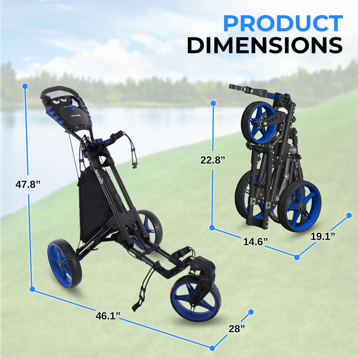 SereneLife Golf Cart Lightweight Foldable Golf Push Cart - Aluminum Folding Trolley with Adjustable Handle, Elastic Bag Straps, Dual Brakes, Scorecard & Cup Holders for Easy Maneuverability