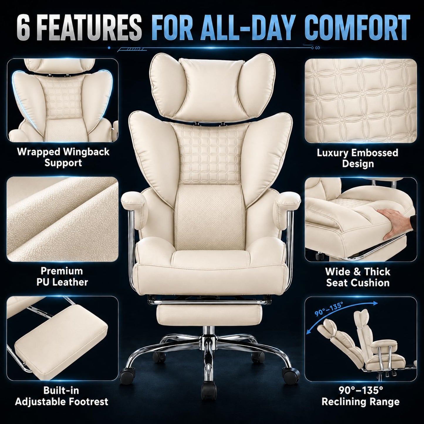 Big and Tall Office Chair 350 LBS, Scratch-Resistant PU Leather Executive Office Desk Chair with Footrest, Ergonomic Reclining Computer Chair with Pocket Spring Support for Home Office, Beige