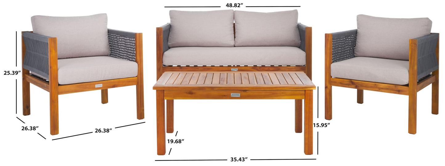 SAFAVIEH Outdoor Collection Wilson Brown Acacia Wood/Light Grey Cushion & Grey Rope 4-Piece Conversation Patio Set