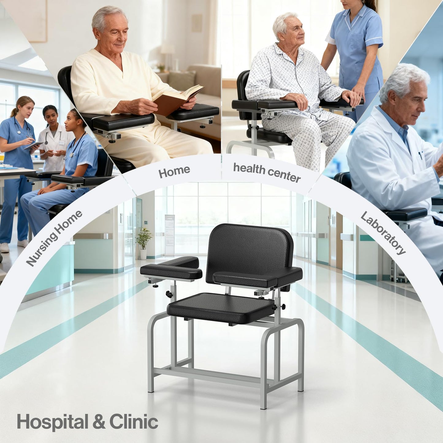 Levida Extra Large Padded Phlebotomy Chair with Adjustable Armrest and Steel Frame - Extra Large PU Leather Blood Drawing Chair for Hospital, Lab, and Medical Facilities (Black)