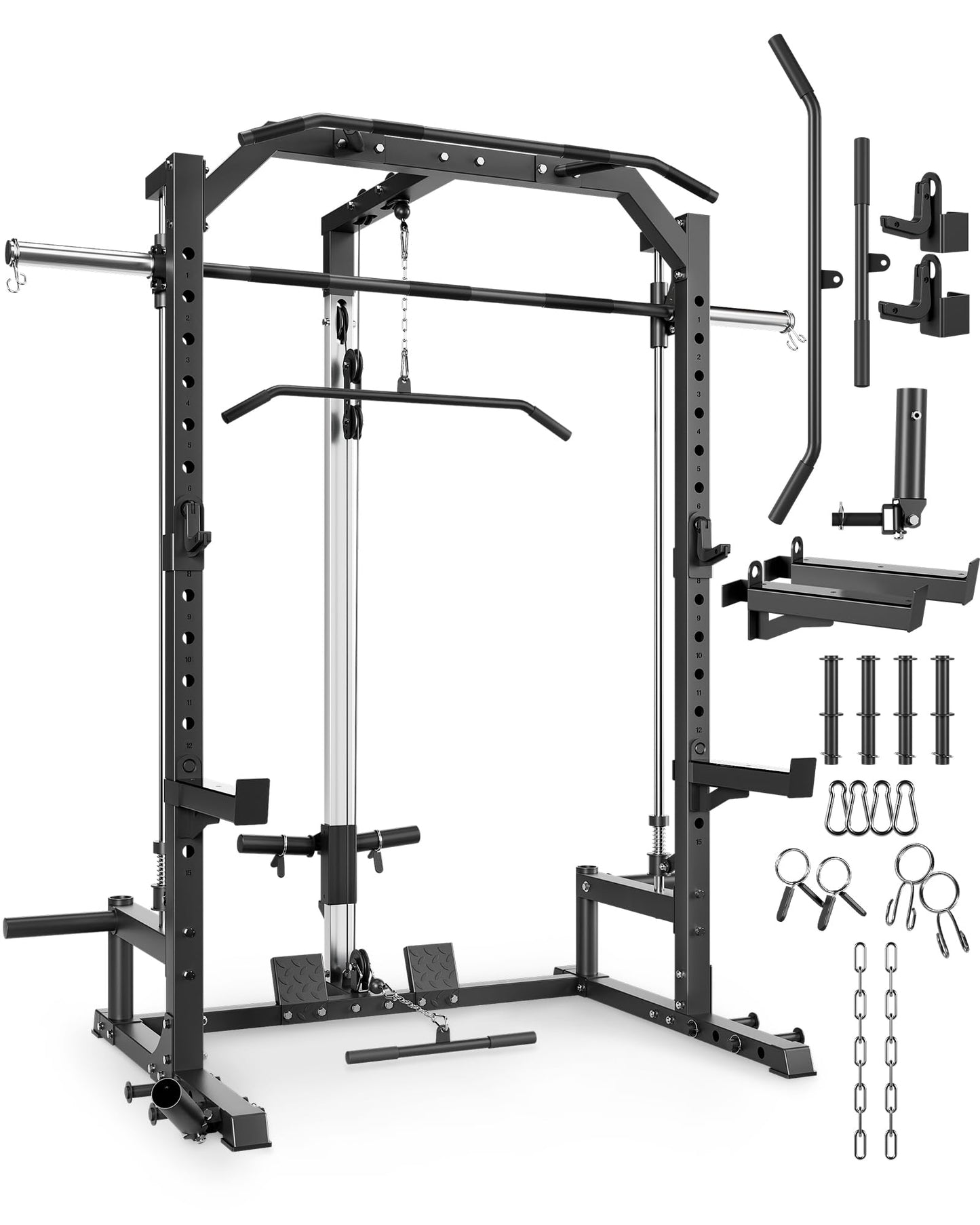 GarveeLife Smith Machine Home Gym with Barbell Bar, Cable System, LAT Pulldown Attachments, Safety Spotter Arms, J Hooks, Landmine, Multi-Functional Squat Rack for Full Body Strength Training