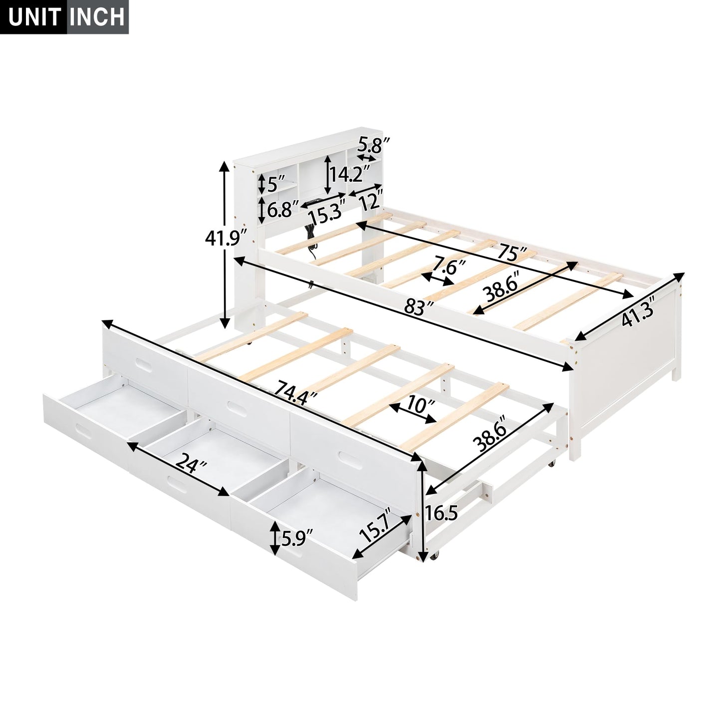 Merax Twin Size Platform Bed with Storage Headboard, USB, Wood Bedframe with Twin Size Trundle and 3 Drawers, White