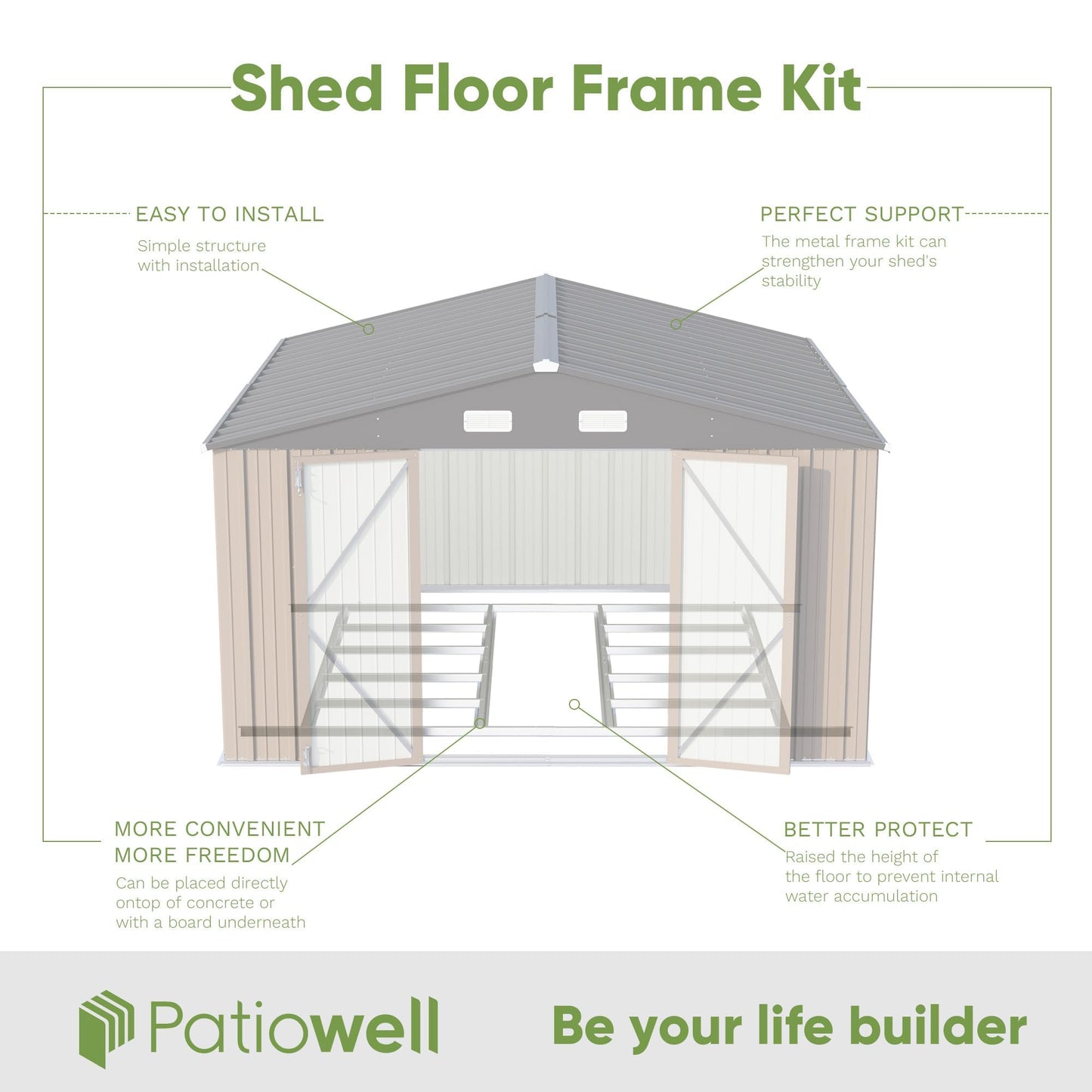 Patiowell 10 x 10 FT Outdoor Storage Shed with Floor Frame, Metal Yard Shed with Design of Lockable Doors, Utility and Tool Storage for Garden, Patio, Backyard, Outside use, Brown
