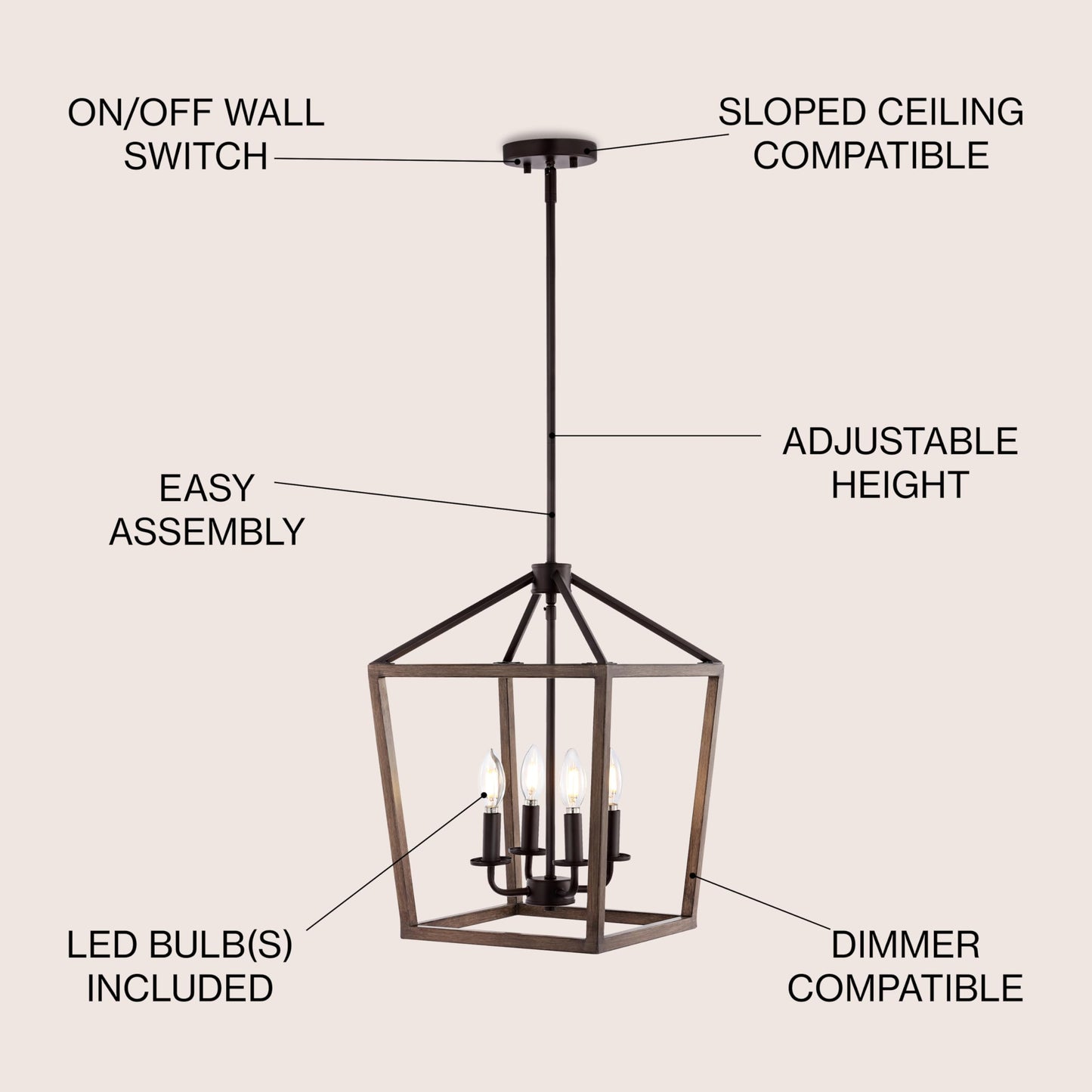 JONATHAN Y Pagoda 4-Light Iron Pendant, 13in Rustic, Bohemian, Faux Wood-Oil Rubbed Bronze, Model JYL1322A