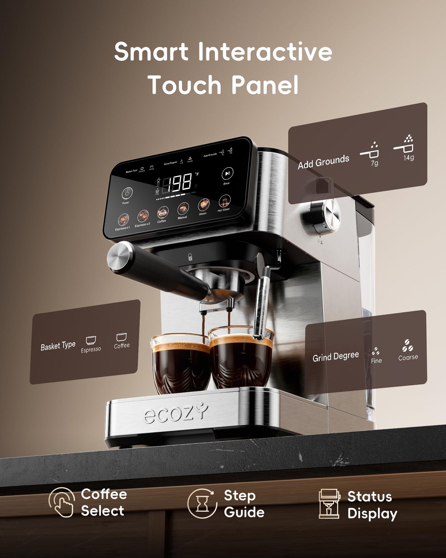 ecozy Espresso Machine & Coffee Maker Combo with Milk Frother, Guided Touchscreen Brewing, Create Café-Style Lattes, Cappuccinos & Americanos at Home, Smart Touchscreen, Stainless Steel