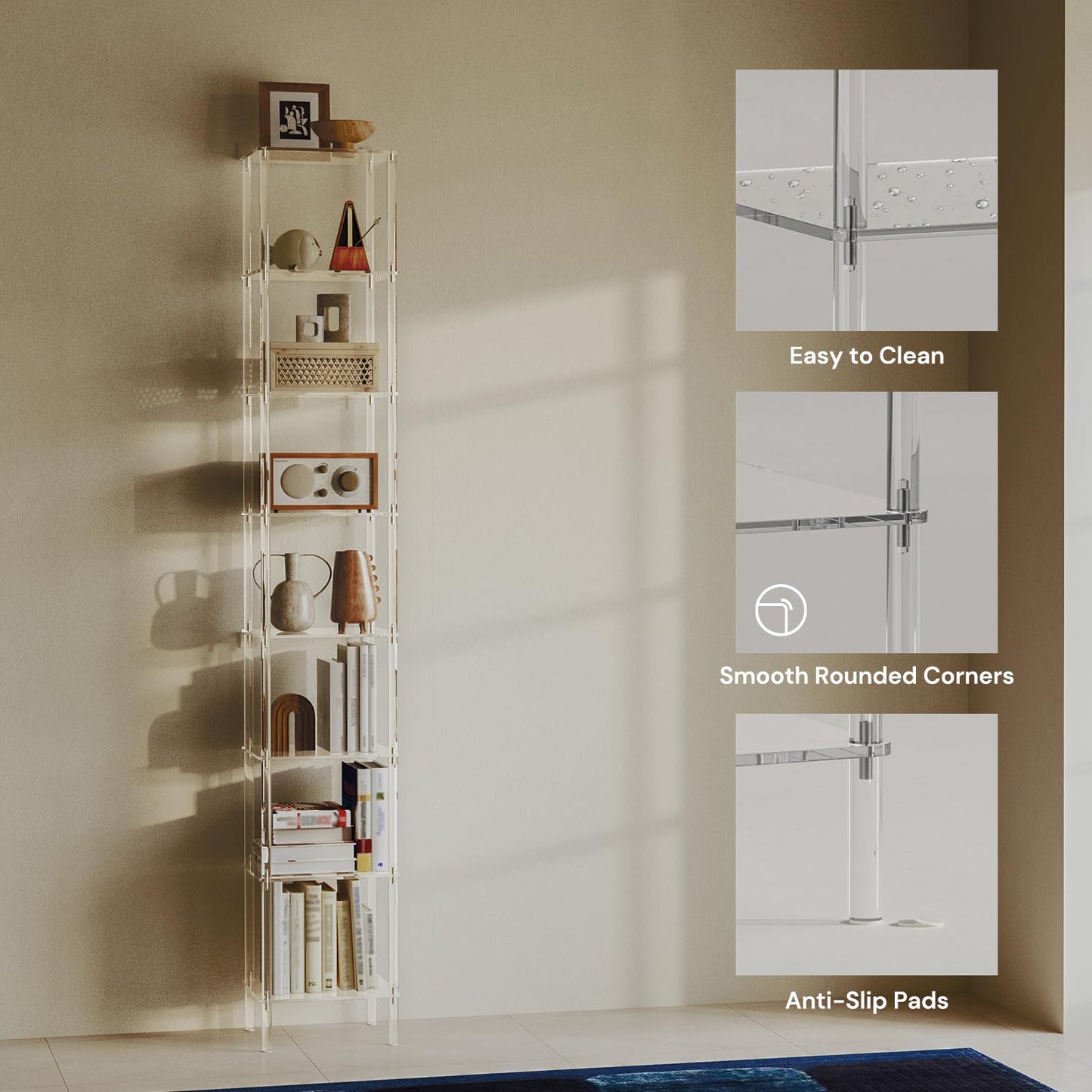 CRTERICX 8-Tier Square Acrylic Bookshelf, Clear Tall Narrow Bookcase for Small Space, Corner Open Display Book Shelves for Home Office, Living Room, Bedroom, Modern, 11.6''W x 73.7''H