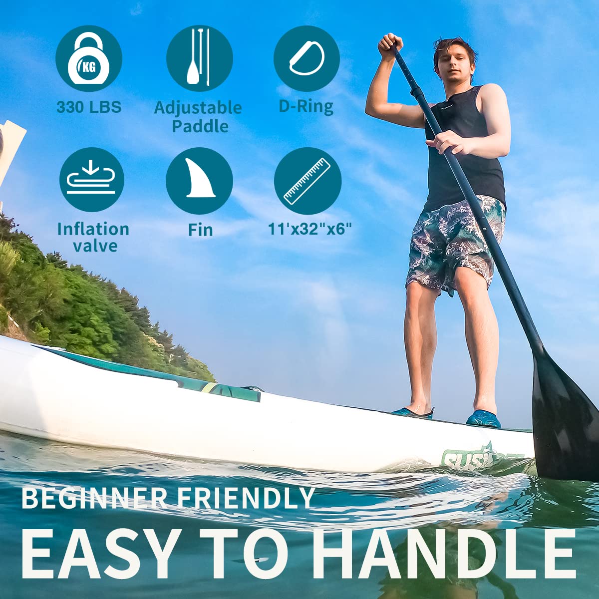 Susiebay Inflatable Stand Up Paddle Board, 11ft Paddle Board for Adults & Youth, Durable SUP Accessories with Non-Slip Deck, Dual Hand Pump,10L Dry Bag,108L Backpack