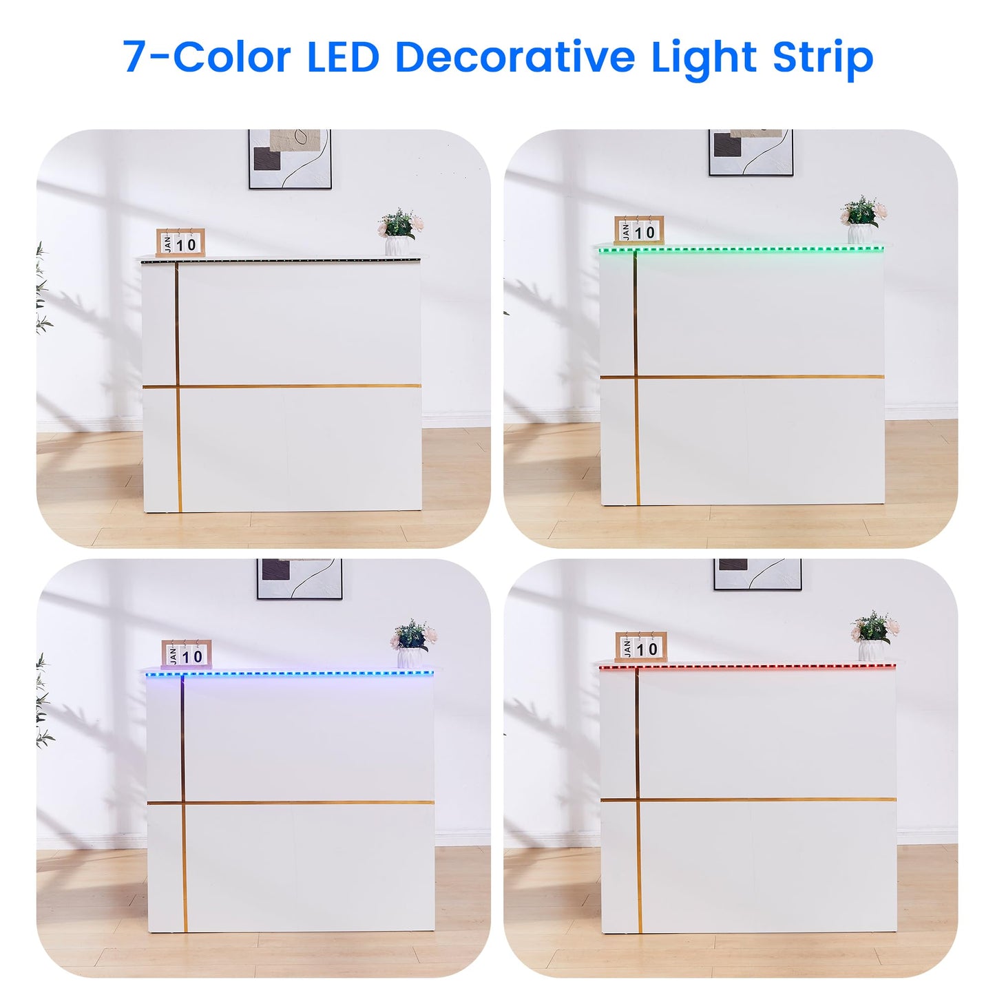 50" Reception Desk – Modern Front Desk with Lockable Drawer, Keyboard Tray, Storage Cabinet, Built-in Power Outlet, LED Lights & DIY Stripe – Ideal for Lobbies, Salons & Retail