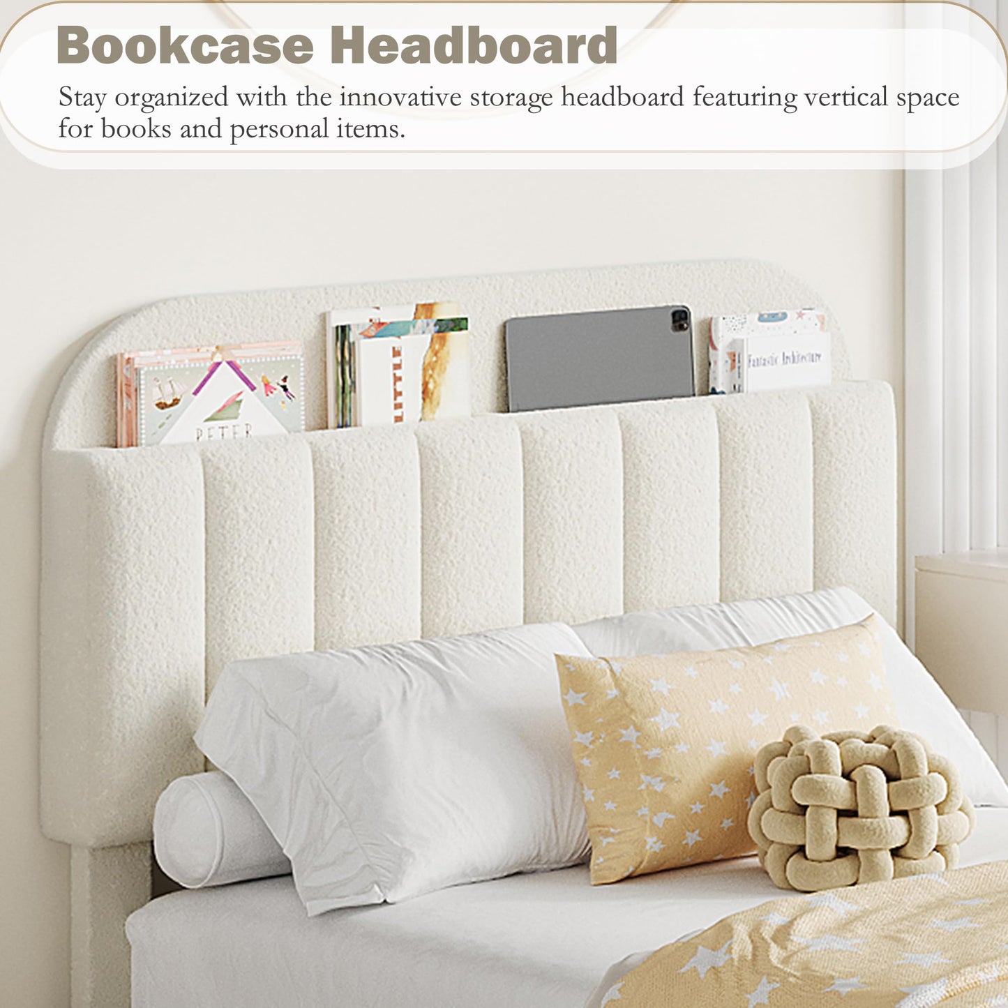 IDEALHOUSE Full Bed Frame with 2 Flexible Drawers and Bookcase Headboard, Boucle Upholstered Platform Bed for Boys/Girls, Noise-Free, Easy Assembly, No Box Spring Needed, Beige