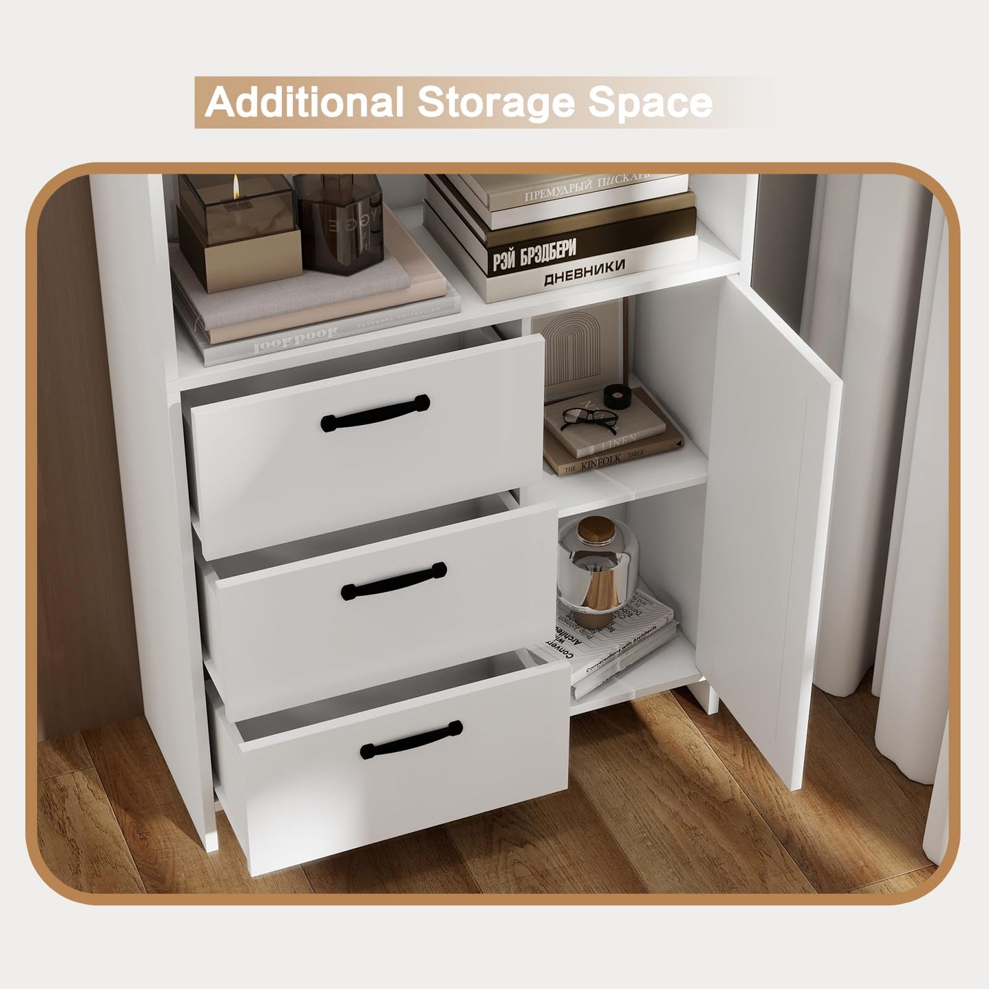 Garvee Bookshelf with Doors and 3 Drawers, 71" Tall Bookcase with 3-Tier Open Shelves, Wooden Book Shelf for Home Office, Living Room, Entrance, Hallway, White