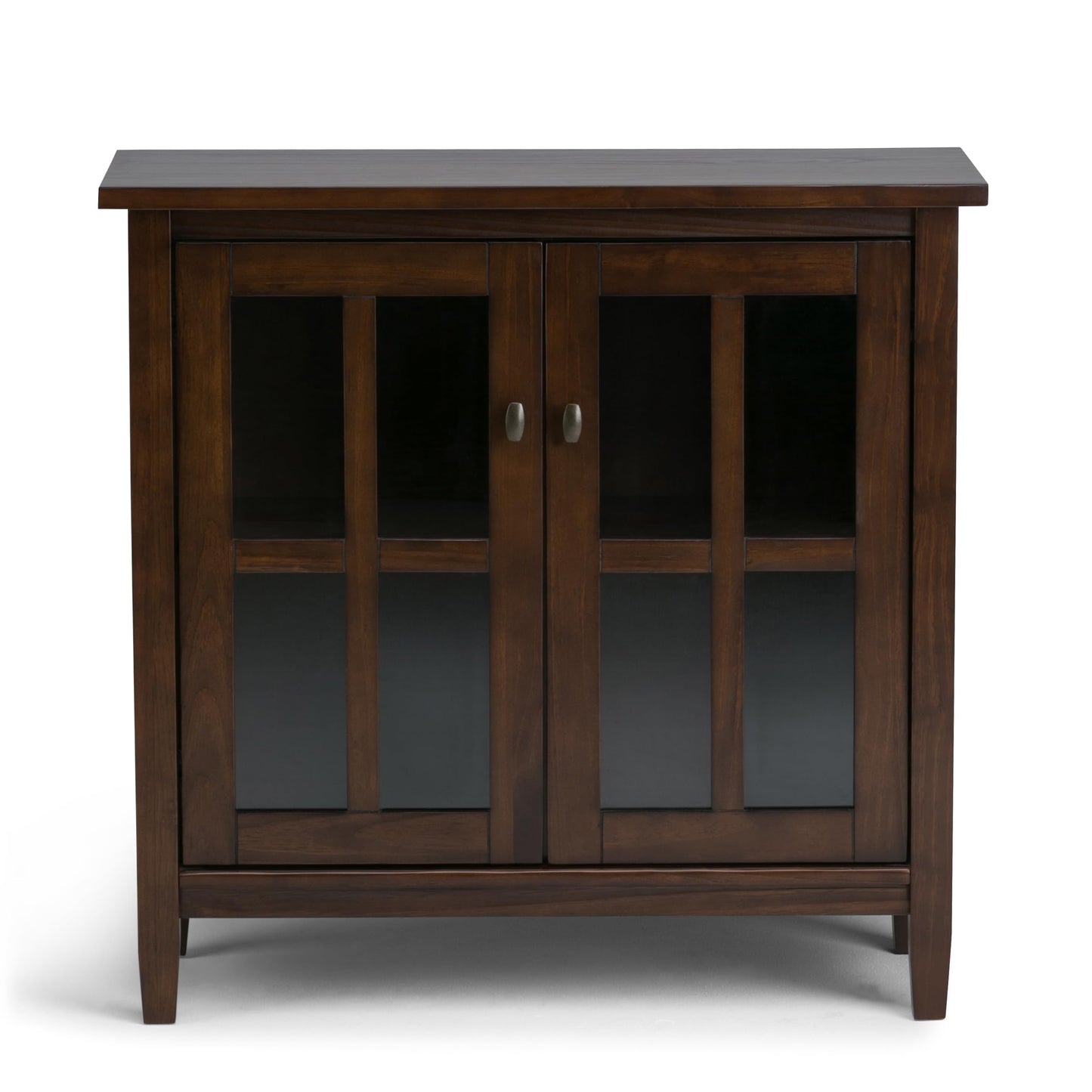 SIMPLIHOME Warm Shaker Storage Cabinet - 32 inch Wide Solid Wood 2-Shelf Low Storage Cabinet in Brunette Brown, Transitional Accent Cabinet for Entryway with Tempered Glass Doors and Shelves