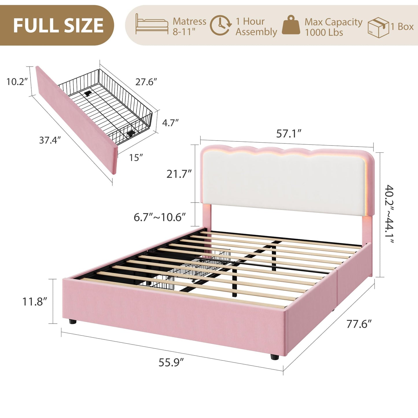 IDEALHOUSE Full Upholstered LED Bed Frame with Storage Drawer and Adjustable Headboard, Velvet Princess Platform Bed for Kids/Girls/Boys, Heavy Duty Metal Support, No Box Spring Needed, Pink