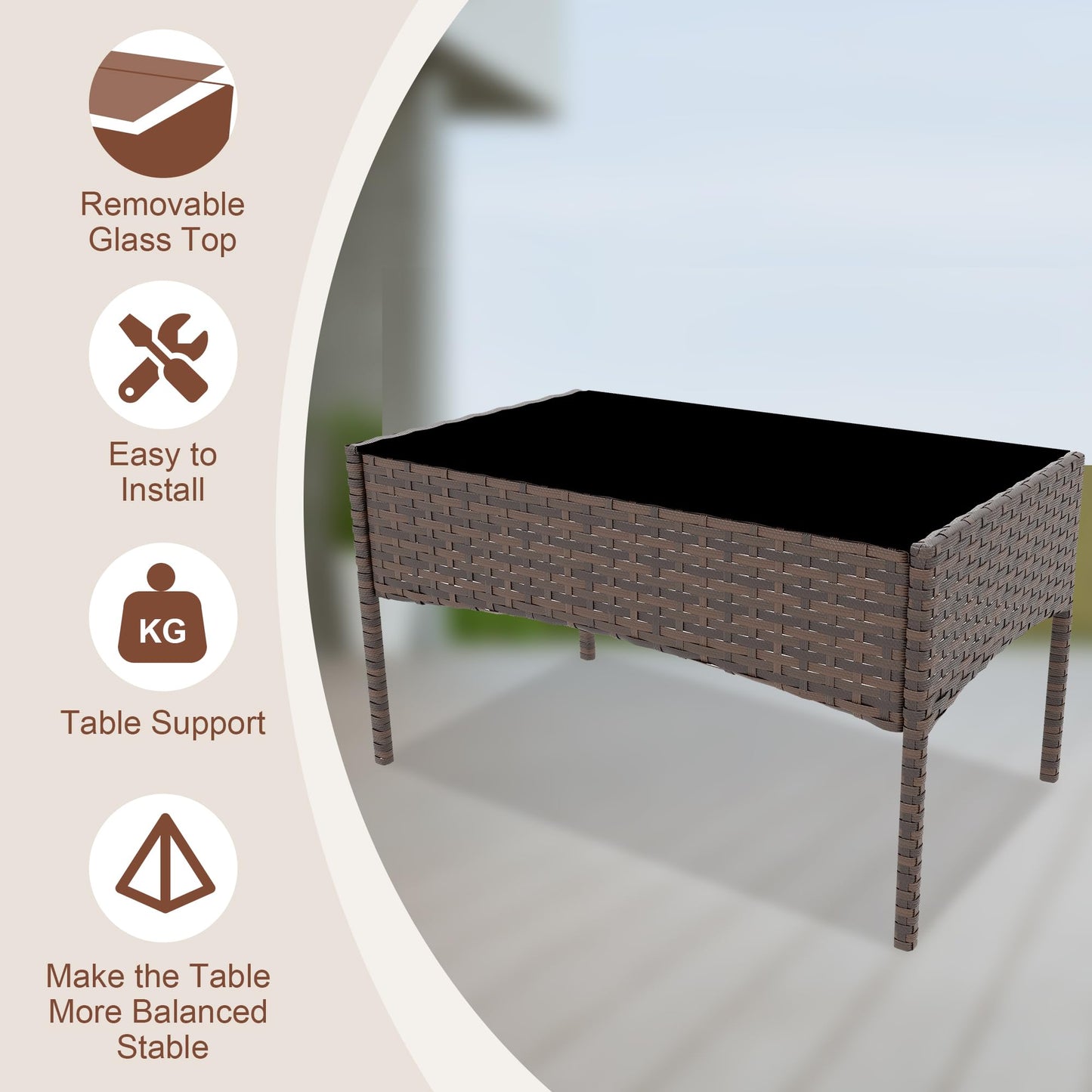 4 Pieces Patio Furniture Sets, Outdoor Wicker Conversation Sets with Soft Cushion and Glass Table, All Weather Manual Rattan Chairs for Garden, Terrace, Porch, Lawn, Poolside, Brown and Beige