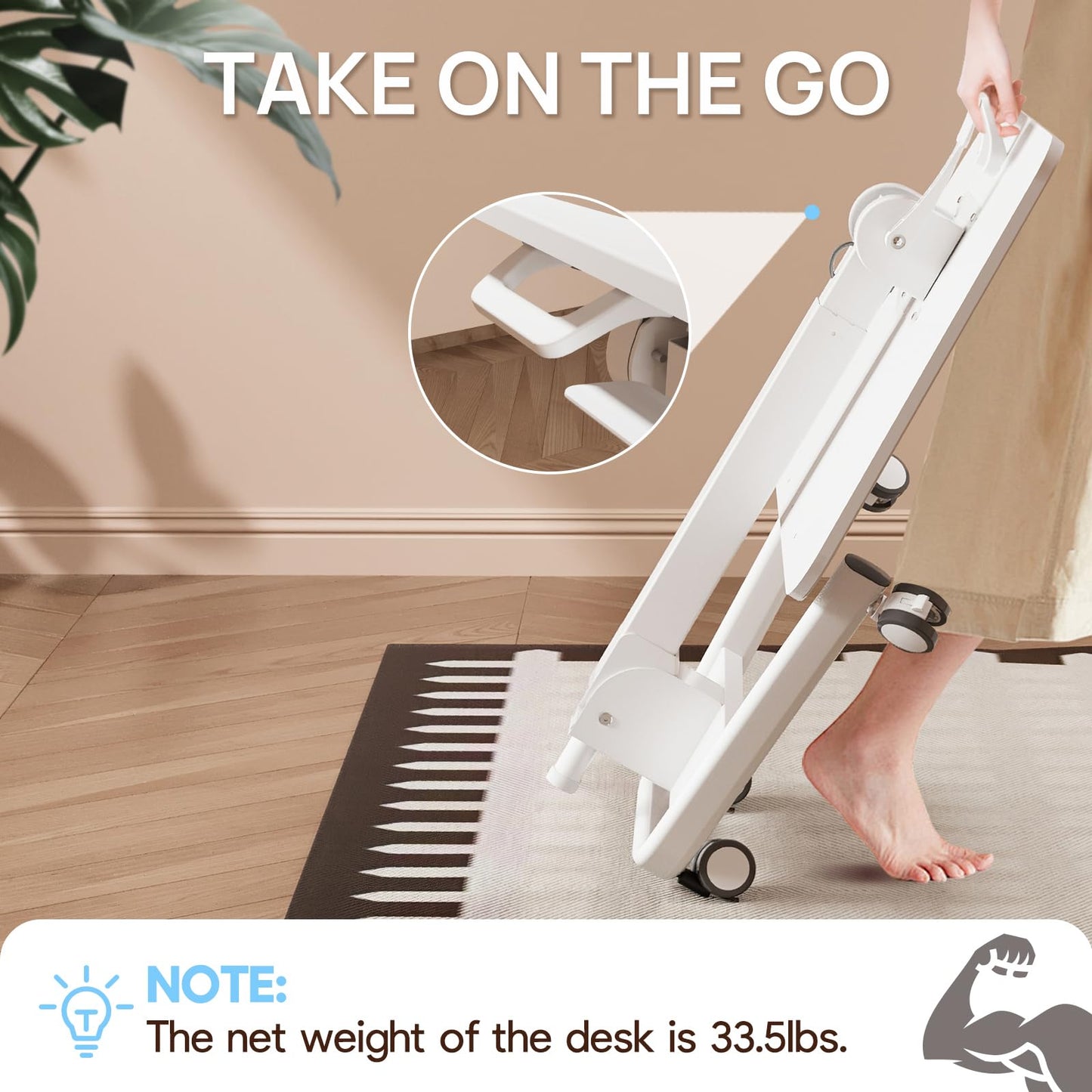 JYLH JOYSEEKER Foldable Mobile Standing Desk, 90 Tiltable Rolling Standing Desk, Height Adjustable Portable Laptop Workstation for Home Office, Easy to Fold, White