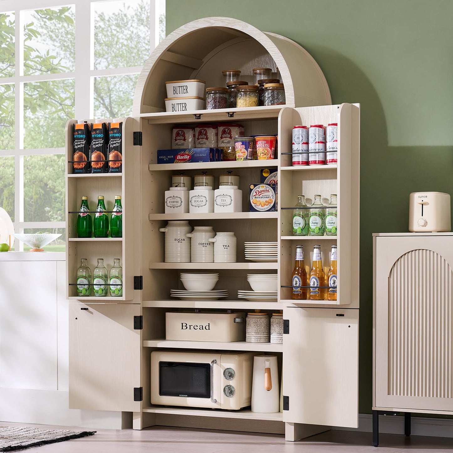 IFBUY 71" Tall Arched Bathroom Storage Cabinet, Modern Fluted Storage Cabinet w/Doors, 3 Adjustable Shelves, 6 Door Shelves, Wood Freestanding Cabinet for Bathroom, Entryway, Hallway, Cream