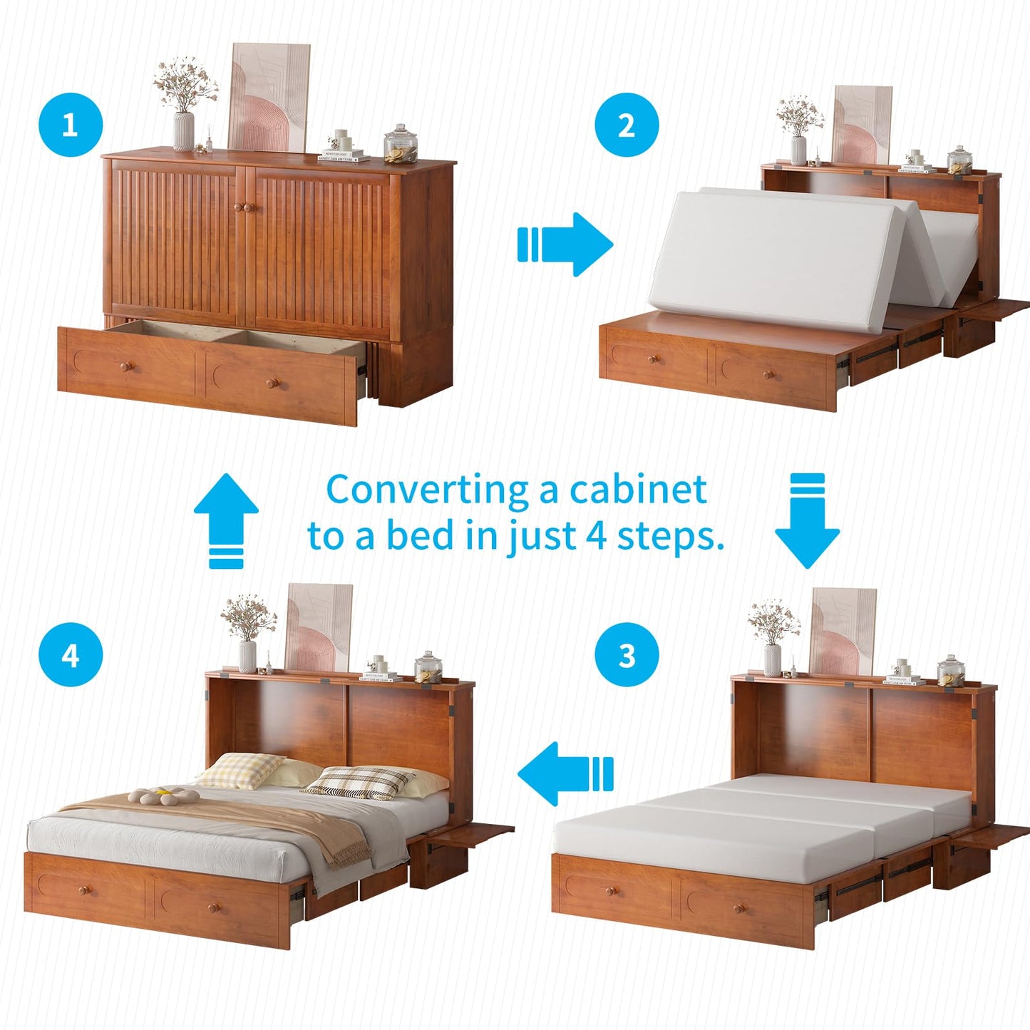Mjkone Queen Murphy Bed Cabinet with Tri-Fold Mattress Included, Storage & Charging Station & Headboard Side Panel, 63"W Wood Murphy Cabinet Chest Beds, Guest Wall Bed for Living Room, Bedroom, Cherry
