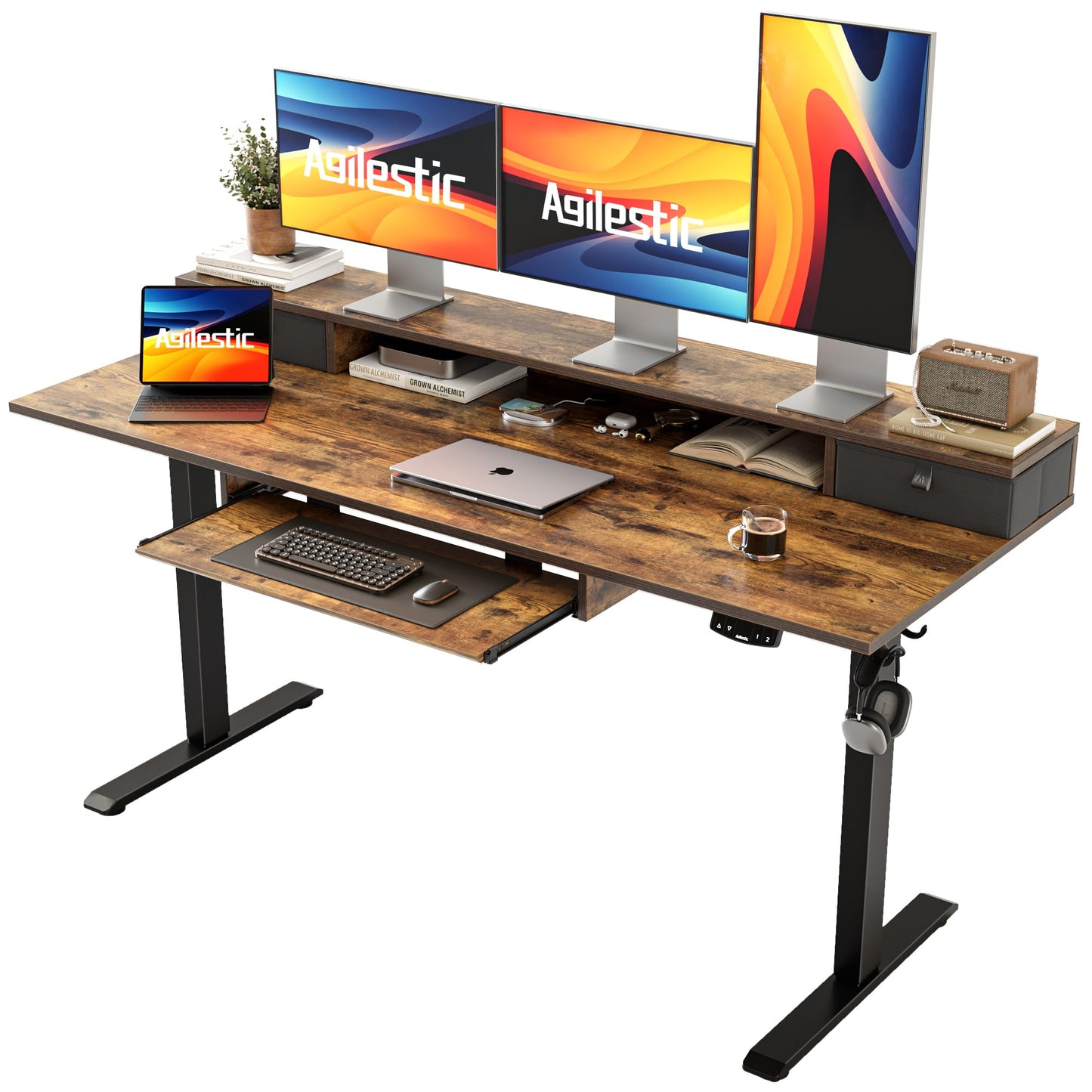 Agilestic Electric Standing Desk with 2 Drawers and Keyboard Tray, 63 x 24 Inches Ergonomic Adjustable Height Desk with Storage, Sit Stand up Computer Workstation, Rustic Brown