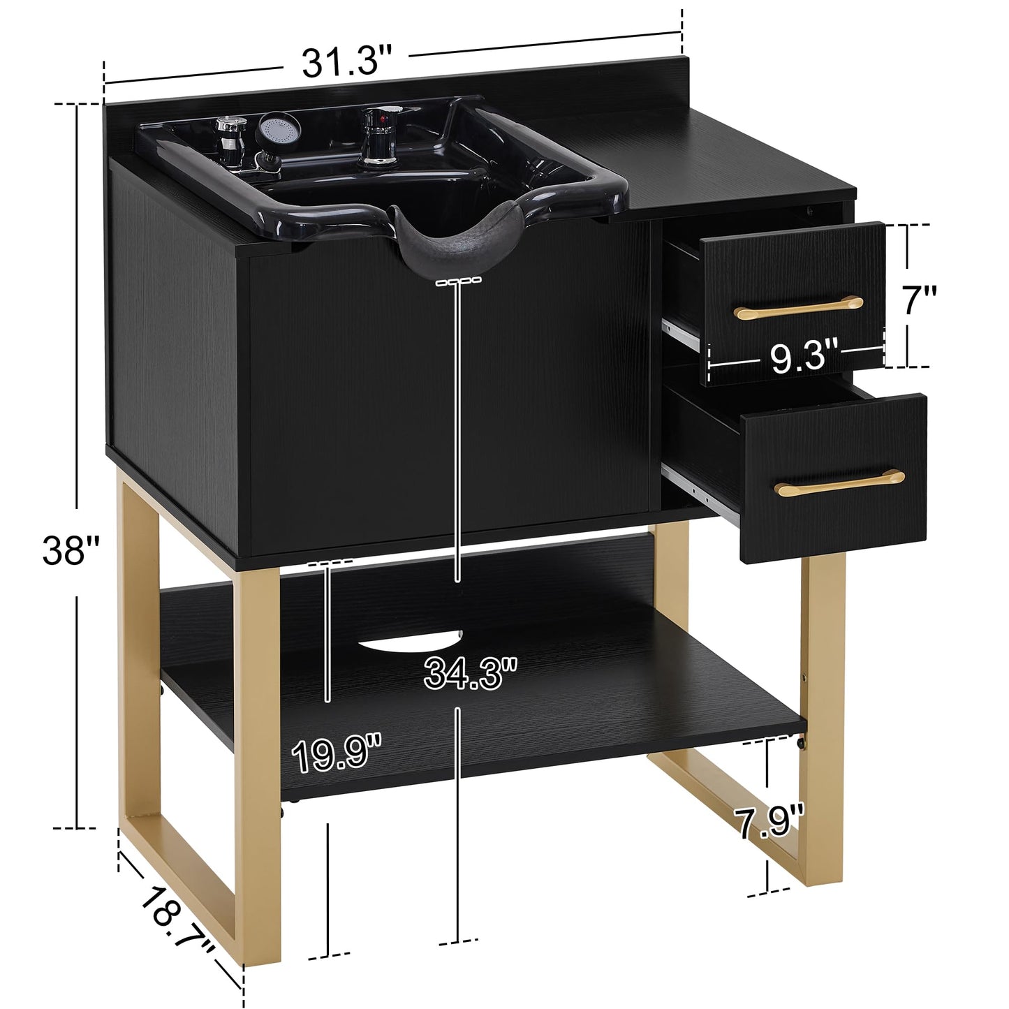 BarberPub Shampoo Cabinet with Sink, Modern Salon Backwash Station with Bowl, Neck Rest, 2 Drawers, Storage Shelf,Hot & Cold Control 7135 (Black)