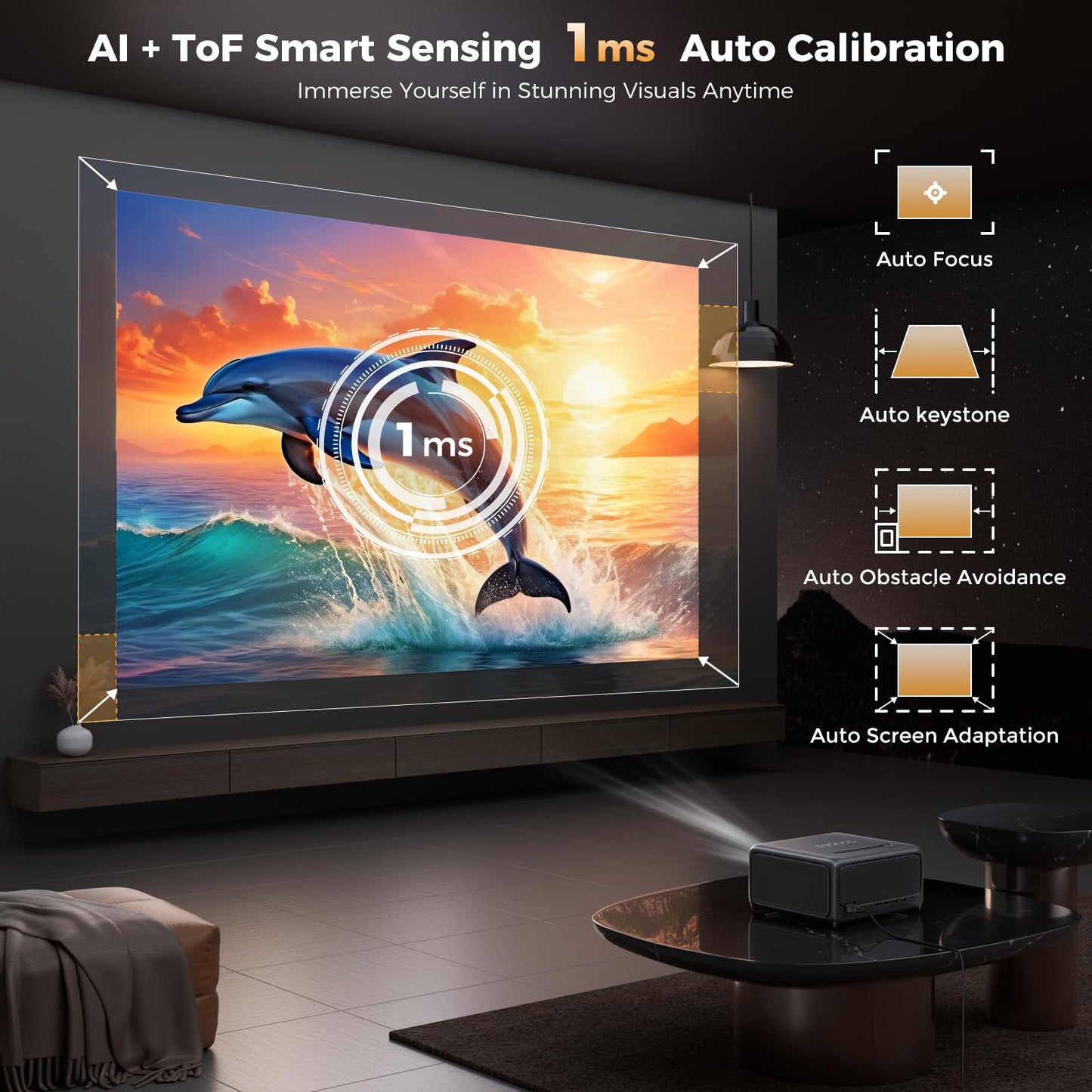 GooDee 4K Smart Projector with WiFi 6 & Bluetooth - UHD Movie Projector, ToF Auto Focus & Keystone, MEMC, Built-in Streaming Apps, Dolby Audio Home Theater for Outdoor Movie Night & Bedroom Cinema