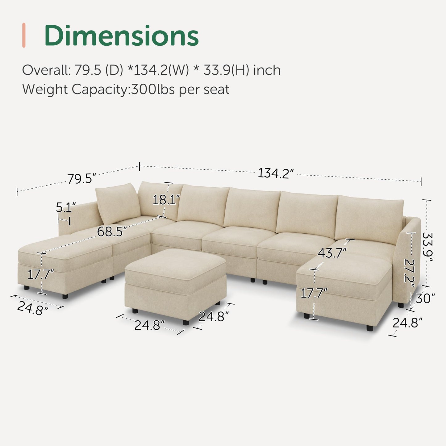 HONBAY Modular Sectional Sofa with Storage, U Shaped Couch Modular Convertible Sectional Couches for Living Room - Beige