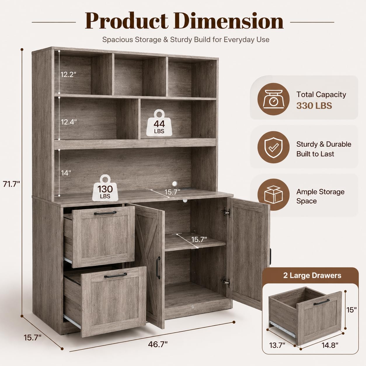 NORTHSKY 72" Tall Bookshelf with Drawers & Doors, Bookcase with Power Outlet and File Cabinet, Office Bookshelf with 2 File Drawers, Open Shelves & Storage Cabinets for Home Office, Greige