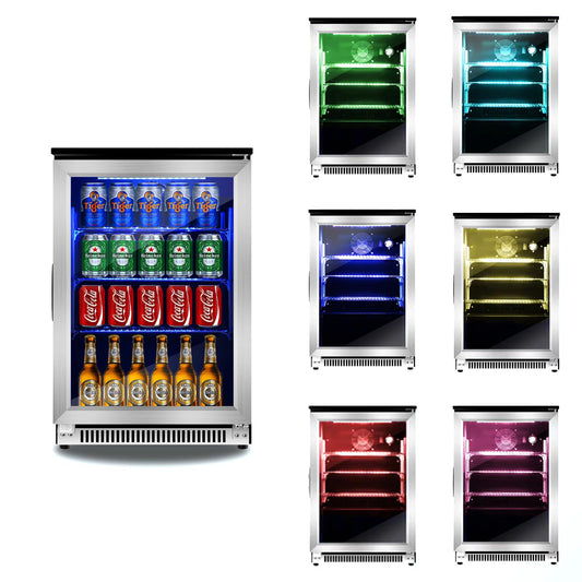 Advanics 20.1 Inch Built-in Beverage Refrigerator with 7-Color LED Light, Compact 120 Can Under Counter or Freestanding Stainless Steel Drink Cooler Fridge with Glass Door for Soda & Beer