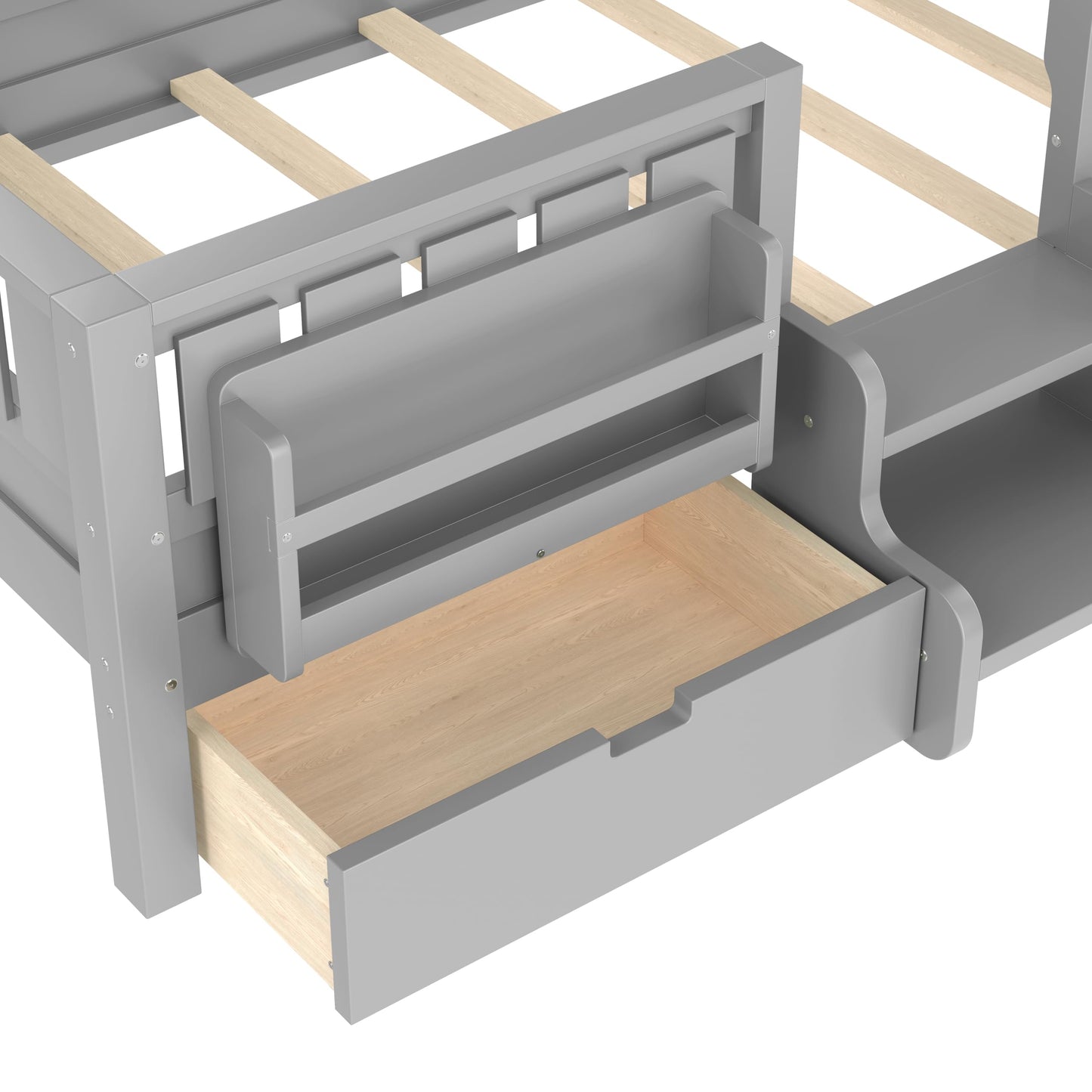 Bellemave Twin Bed with Slats and Stairs, Twin Size Platform Bed Frame with Fence, Bookshelf and Storage Drawers, Easy Assemble Beds for Kids, Girls, Boys, Gray
