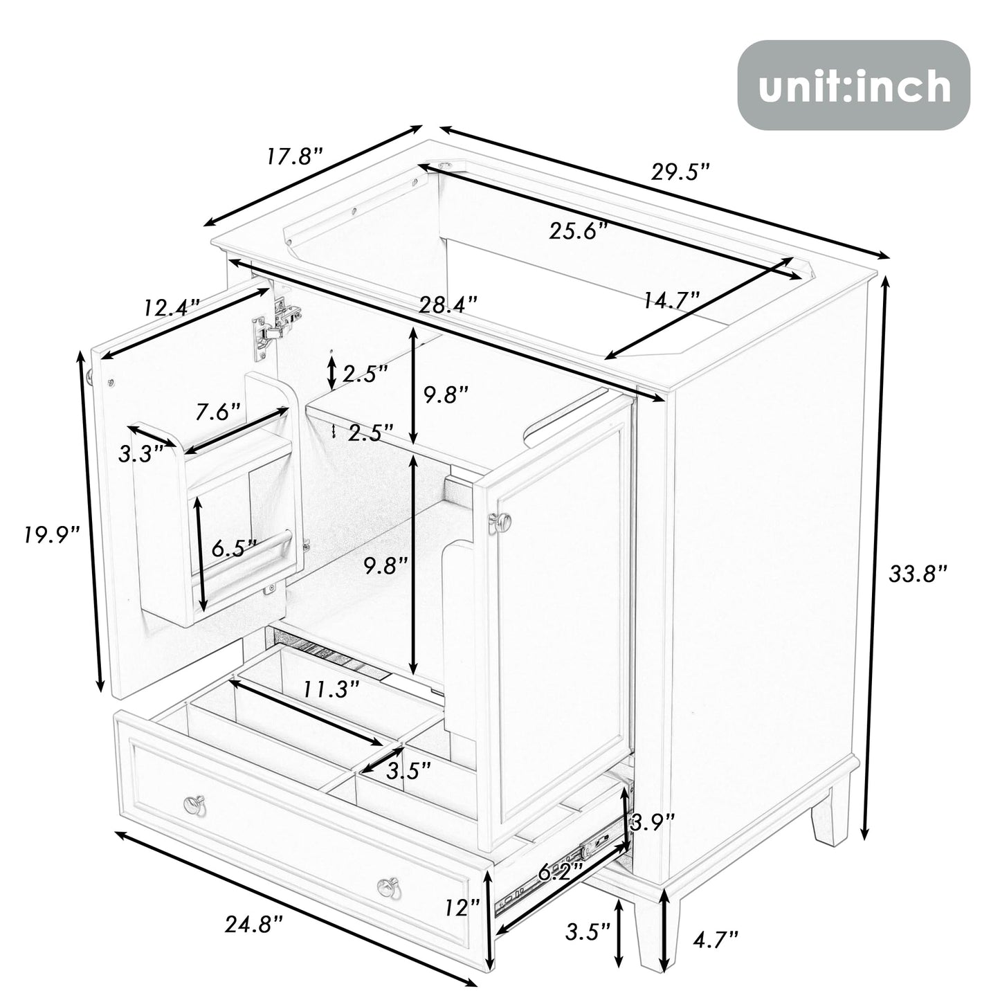 Merax 30" Bathroom Vanity Cabinet Base Only, Painted Solid Wood Frame, Multi-Functional Drawer Dividers, Storage Rack, Green