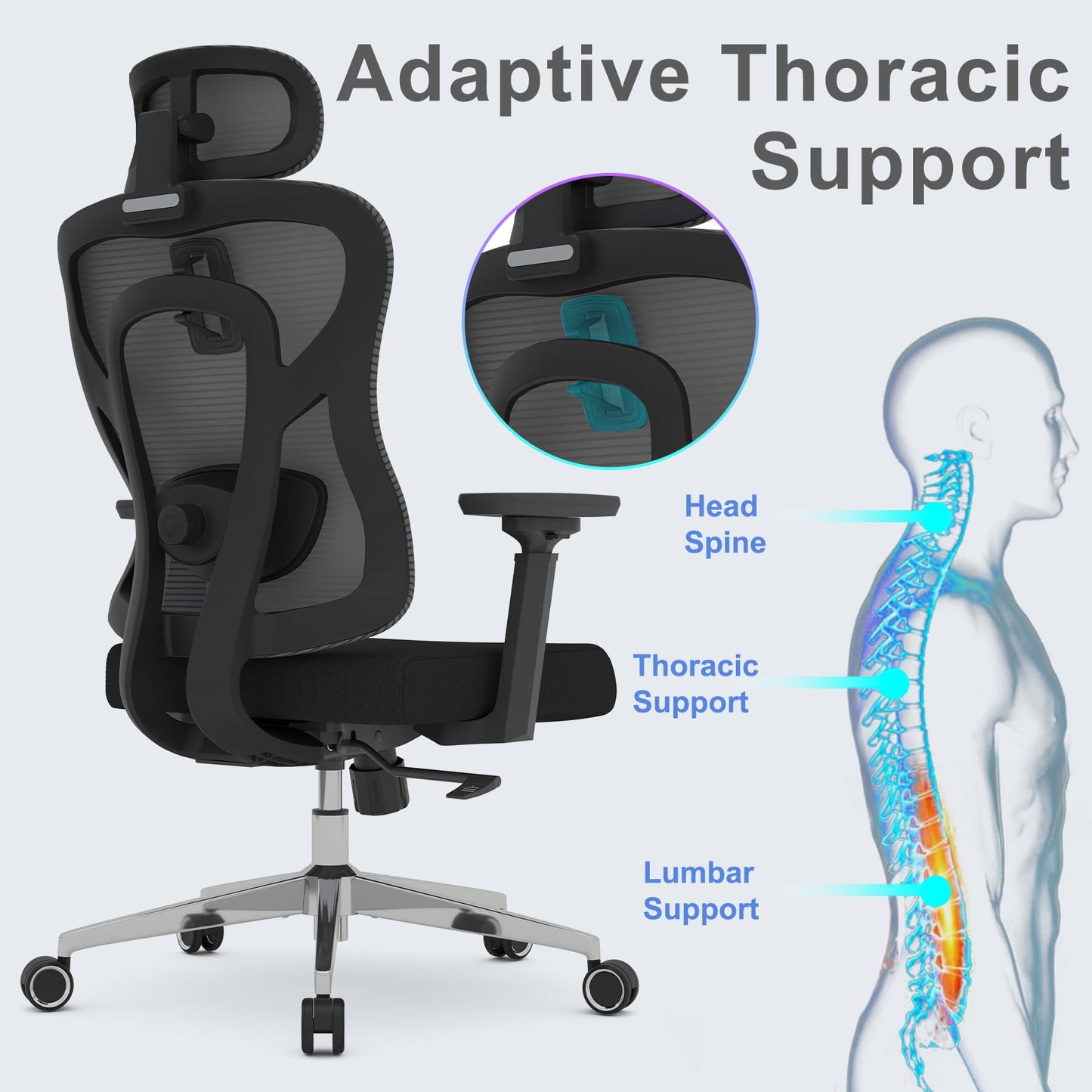 Logicfox Ergonomic Office Chair for Long Hours with Adaptive Thoracic Support – 3D Lumbar System, Adjustable Headrest & Armrests, 330 lbs Capacity