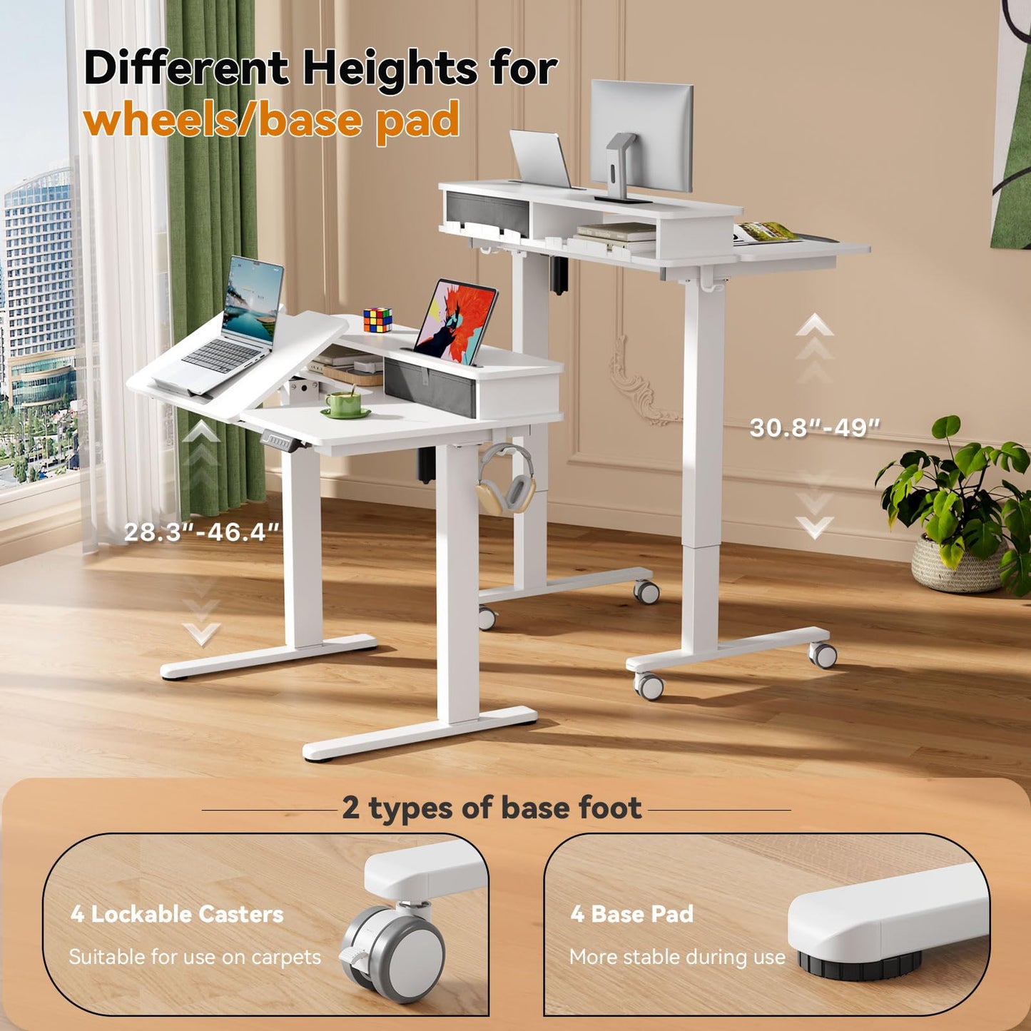 40 Inch Standing Desk, 60° Tiltable Electric Drafting Table Height Adjustable, Foldable Mobile Rising Desk with Drawer, Storage Shelf, Flippable Art Table on Wheels for Kids’ Drawing, White
