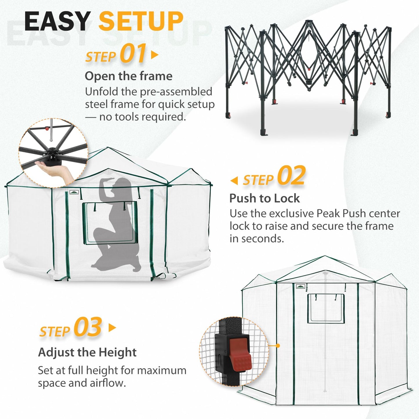 EAGLE PEAK 8.5x8.5 Portable Walk in Greenhouse, Pop Up Indoor Outdoor Greenhouse, Green House Kit with Zippered Roll-Up Doors and Windows, Hexagon Design, PE Cover, Clear/White