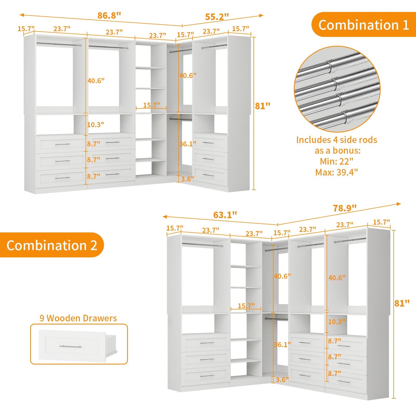 Closet System with 9 Drawers, Corner Closet Organizer Systems with 9 Shelves & 9 Hanging Rods L-Shaped Walk in Closet Freestanding Corner Tower Modular Storage System 4 Sets 2800+ Lbs Capacity White