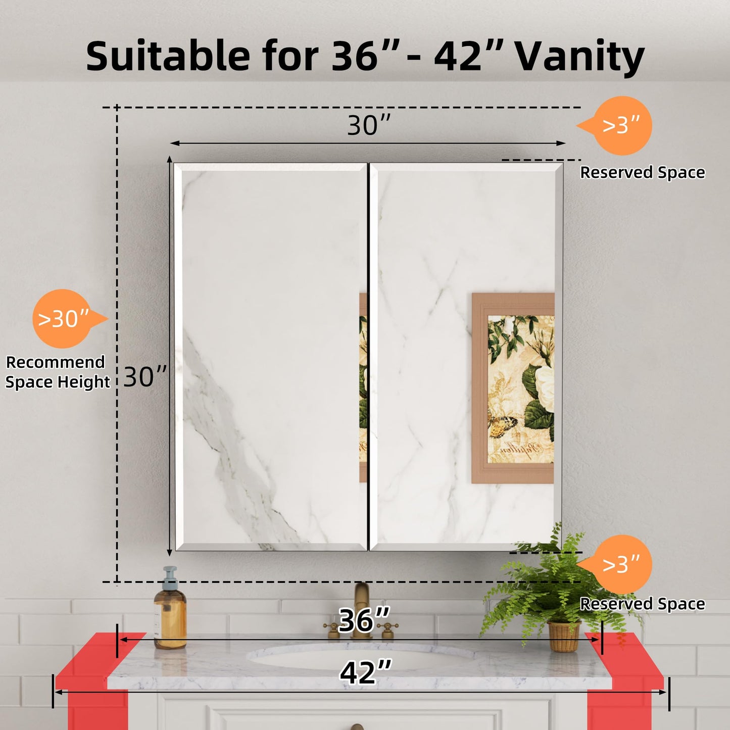 Keazile 30x30 Inch Medicine Cabinet with Mirror, Aluminum Bathroom Mirror Cabinet, Beveled Edge Mirrored Double Door, Adjustable Shelves, Surface or Recessed Mount Mirrors with Storage,Black