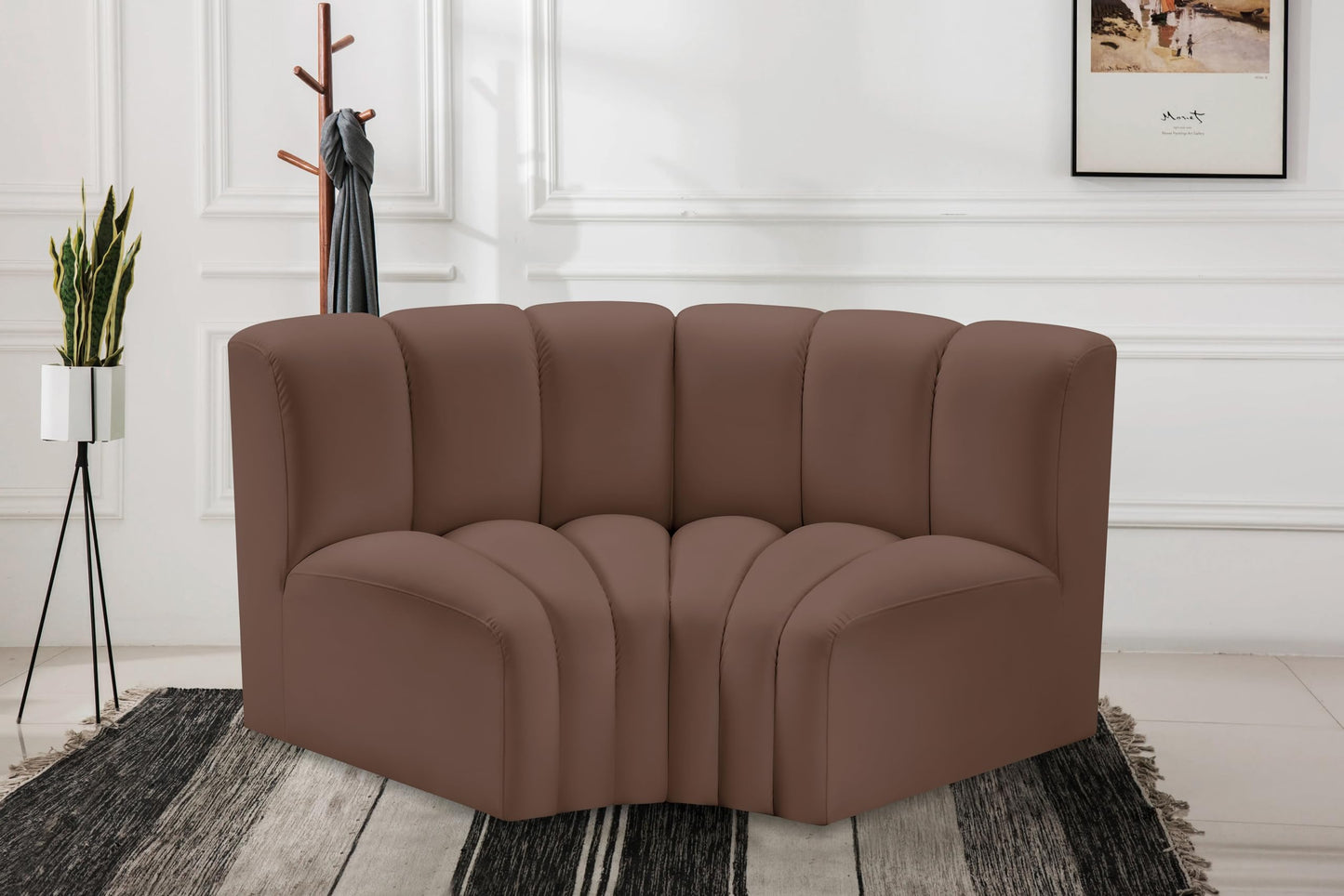 Meridian Furniture 101Brown-S2B Arc Collection Modern | Contemporary Modular Sofa with Soft Brown Vegan Leather, Deep Channel Tufting, Modular Design, 60" W x 33" D x 30" H, Brown