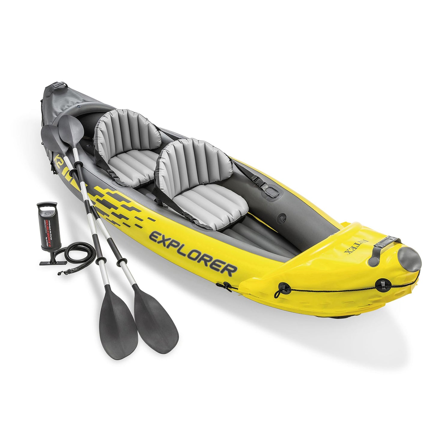 Intex 2-Person Inflatable Kayak Set w/ Pump, Aluminum Oars, Adjustable Seats, Explorer K2 - Tandem Blow-up Raft for Adults, Great for Lakes or Rivers