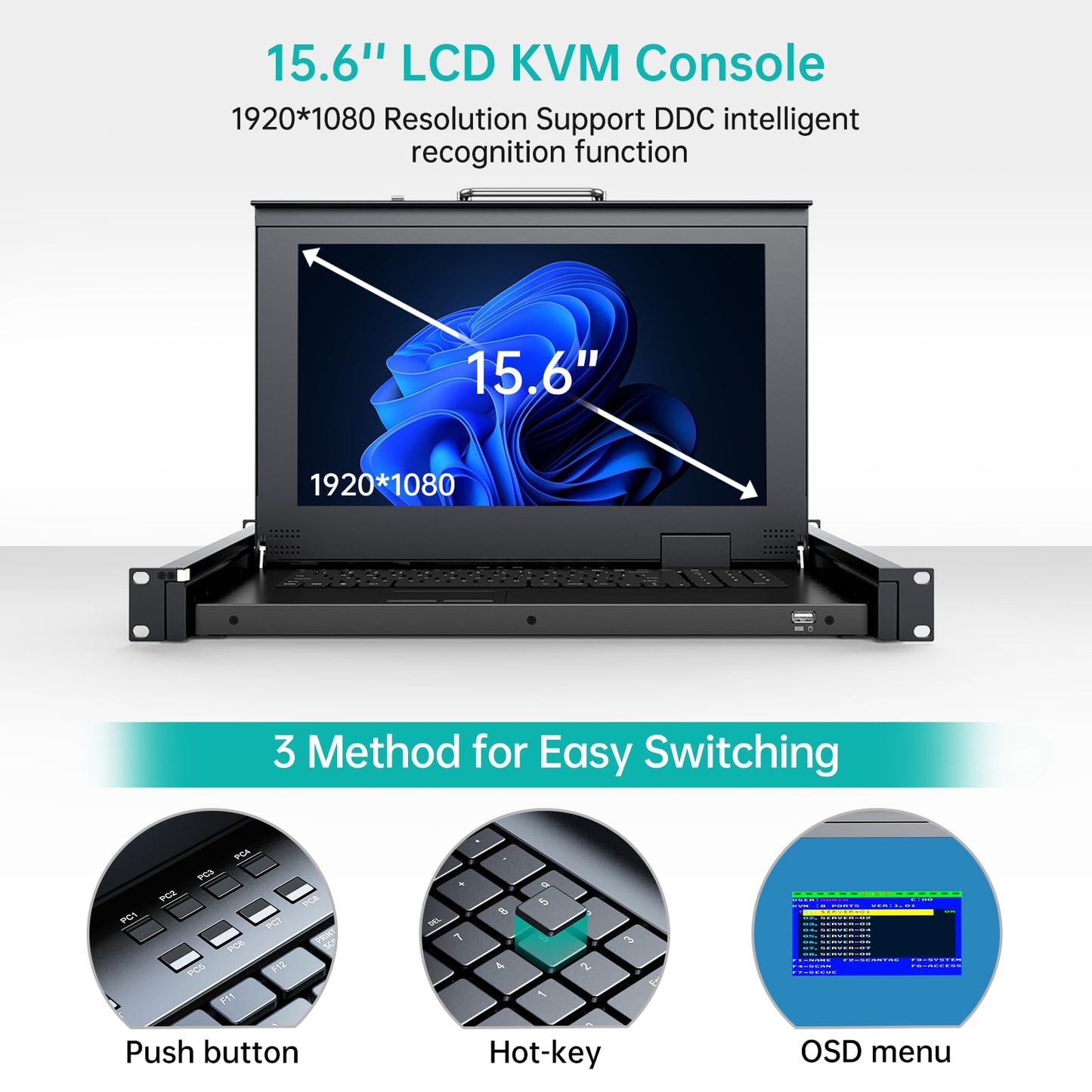 MT-VIKI Rack Mount KVM w/15.6" LCD Monitor, 8 Port VGA KVM Switch, 1080@60Hz 1U Integrated Monitor Keyboard, Fits 18.9" to 31.5" Deep Racks (480-800mm), Included 8 Cables for Server Room, Data Center
