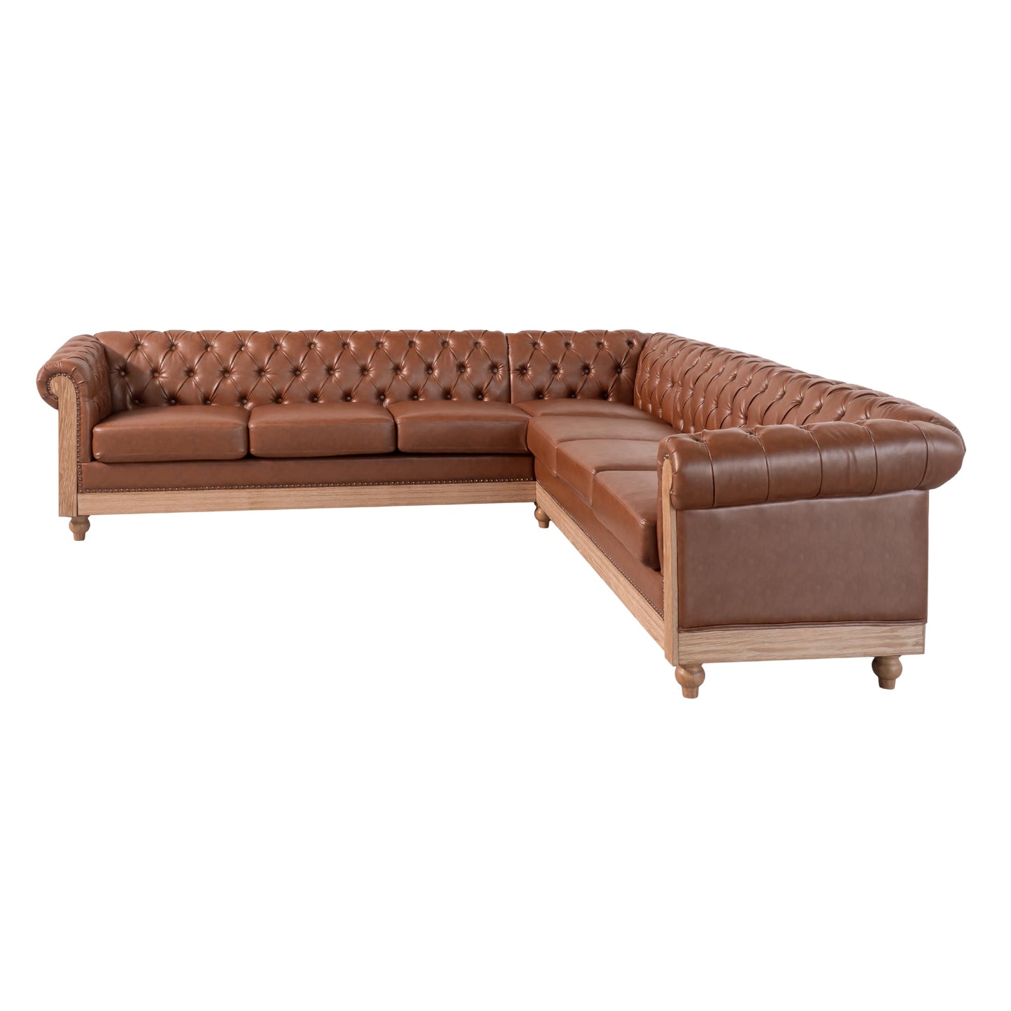 Merax PU Chesterfield Sofa, Retro Style Upholstered 6 Seater Leather Rolled Arm Couch for Living Room Bedroom Office, Light Brown