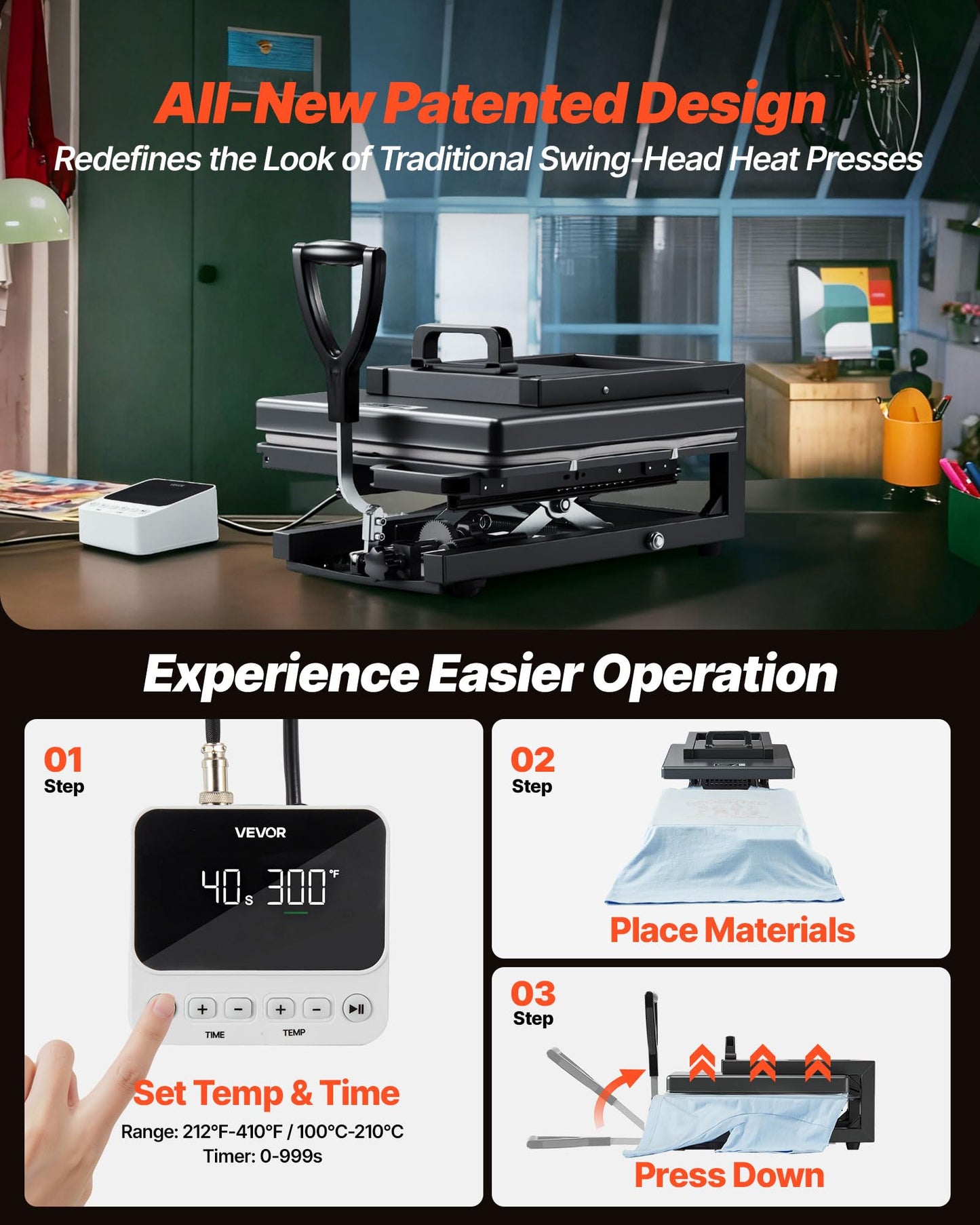 VEVOR Hybrid Heat Press, 15 x 15 inch, 8-in-1 Multifunction, Heat Up Fast and Even, All-New Patented Design, Easy to Control, Sublimation Press Machine for T-Shirts/Mugs/Tumblers/Caps/Plates, Black