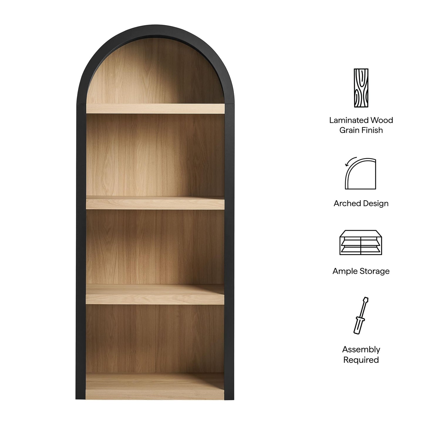 Modway Caleb Arched Bookcase with 4-Tier Open Shelves in Black - Wood Blend Display Bookcase for Dining Room, Living Room, Or Office Storage