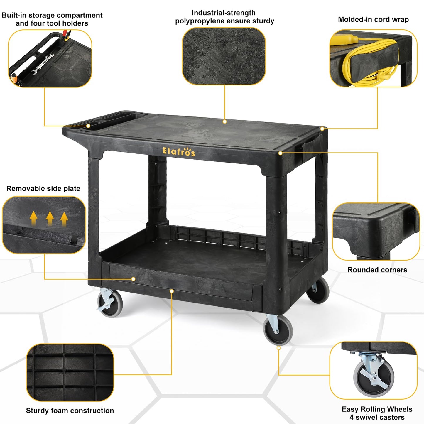 ELAFROS Large Heavy Duty Plastic Flat Top Utility Cart, 42.5 x 25 in, Black