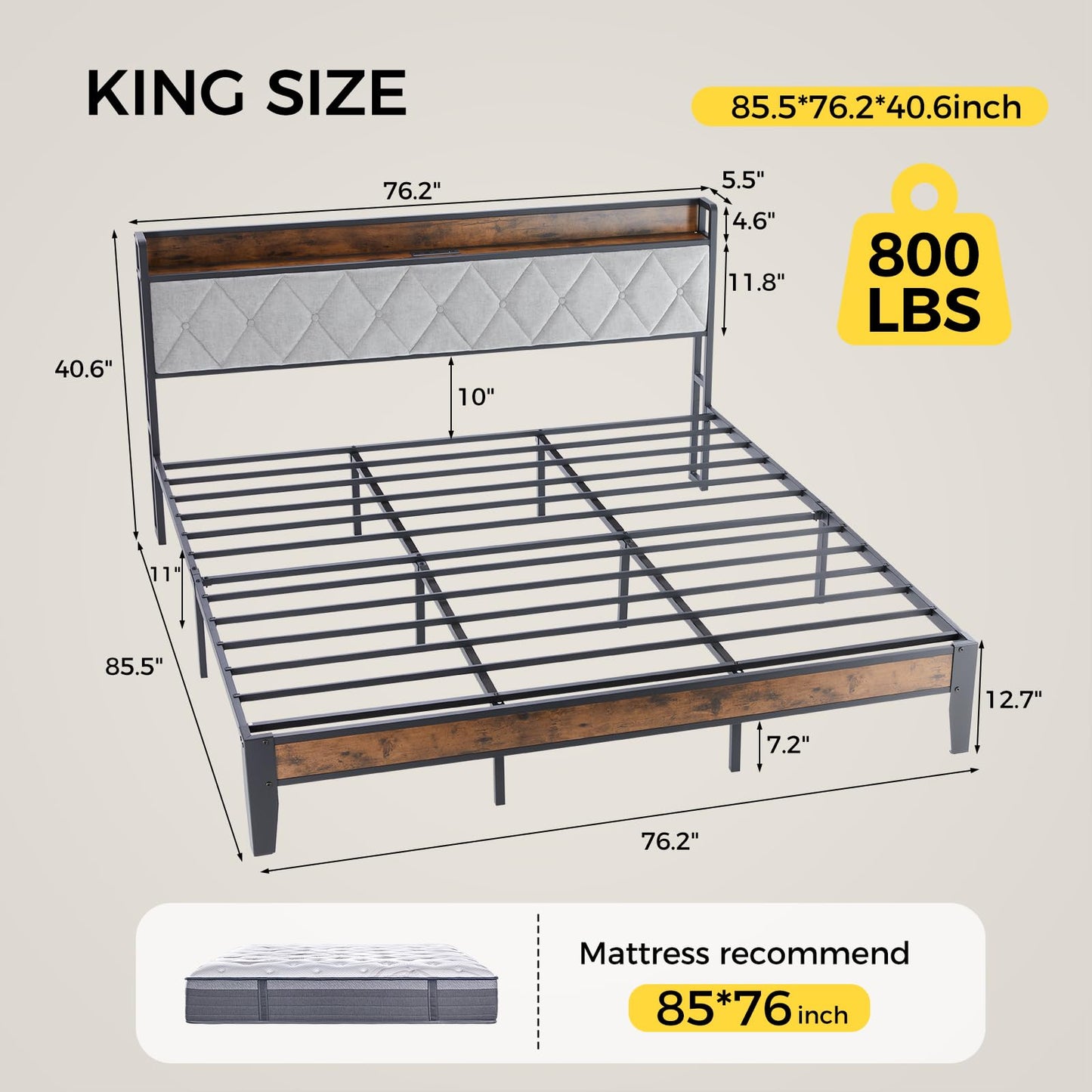 DUMOS King Size Upholstered Platform Bed Frame, King Bed with Storage Drawers and Fabric Headboard, Wooden Slats Support, 1323 lbs Weight Capacity, No Box Spring Needed, Easy Assembly, Gray