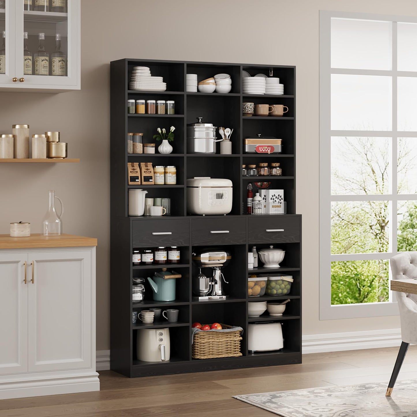 Garvee 75" Tall Bookcase with Drawers, 47" Wide Large 9-Tier Farmhouse Wooden Bookshelf Storage Cabinet with Adjustable Shelves for Living Room Office, Black
