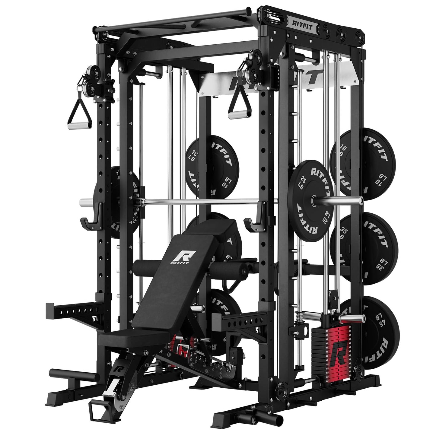 RitFit M2 Smith Machine with Cable Crossover System, 3D Functional Trainer & Power Cage, 16 Adjustment Holes, 6 Storage Pegs for Full-Body Home Gym(M2 PRO-3D Black with BP230)