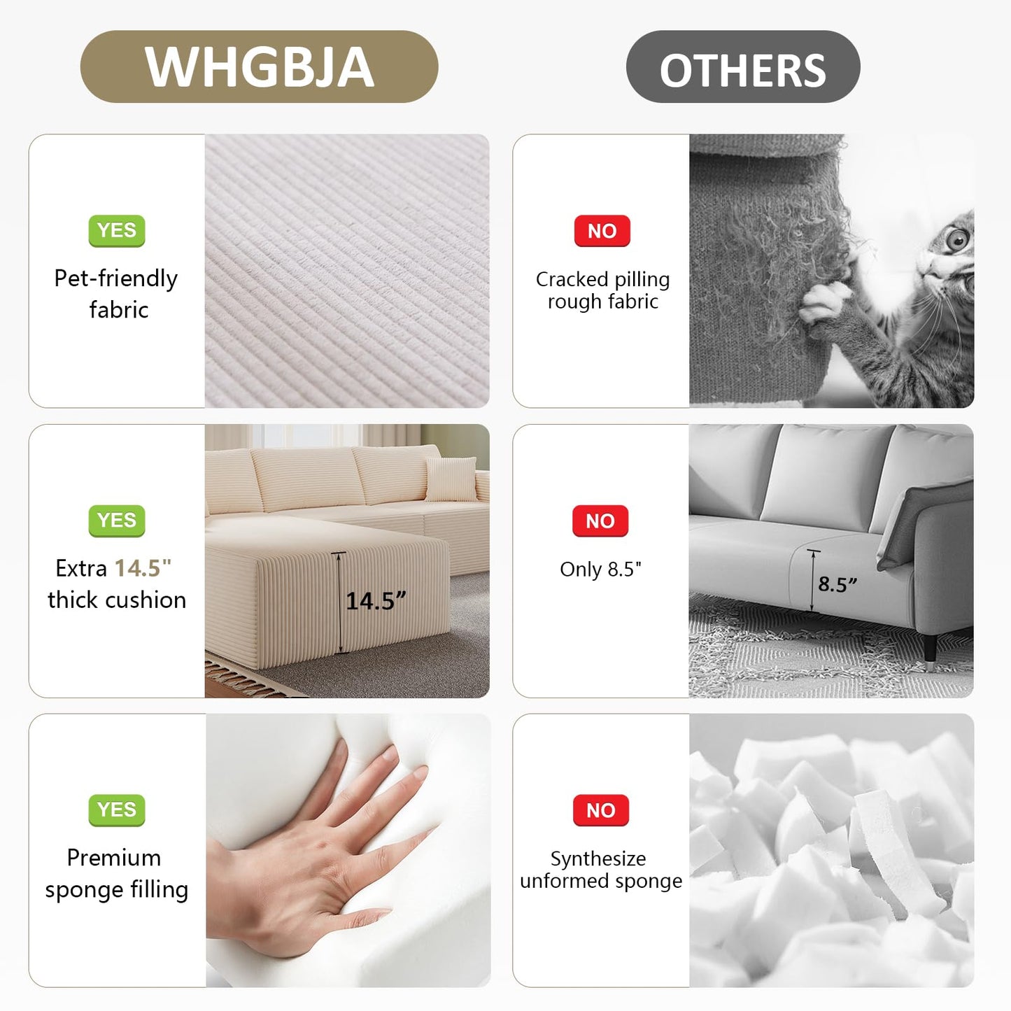 WHGBJA 108" Modular Sectional Sofa — Oversized Cloud Couch with L-Shape Chaise, Upholstered 3-Seat Modular Sectional for Living Room (Beige)